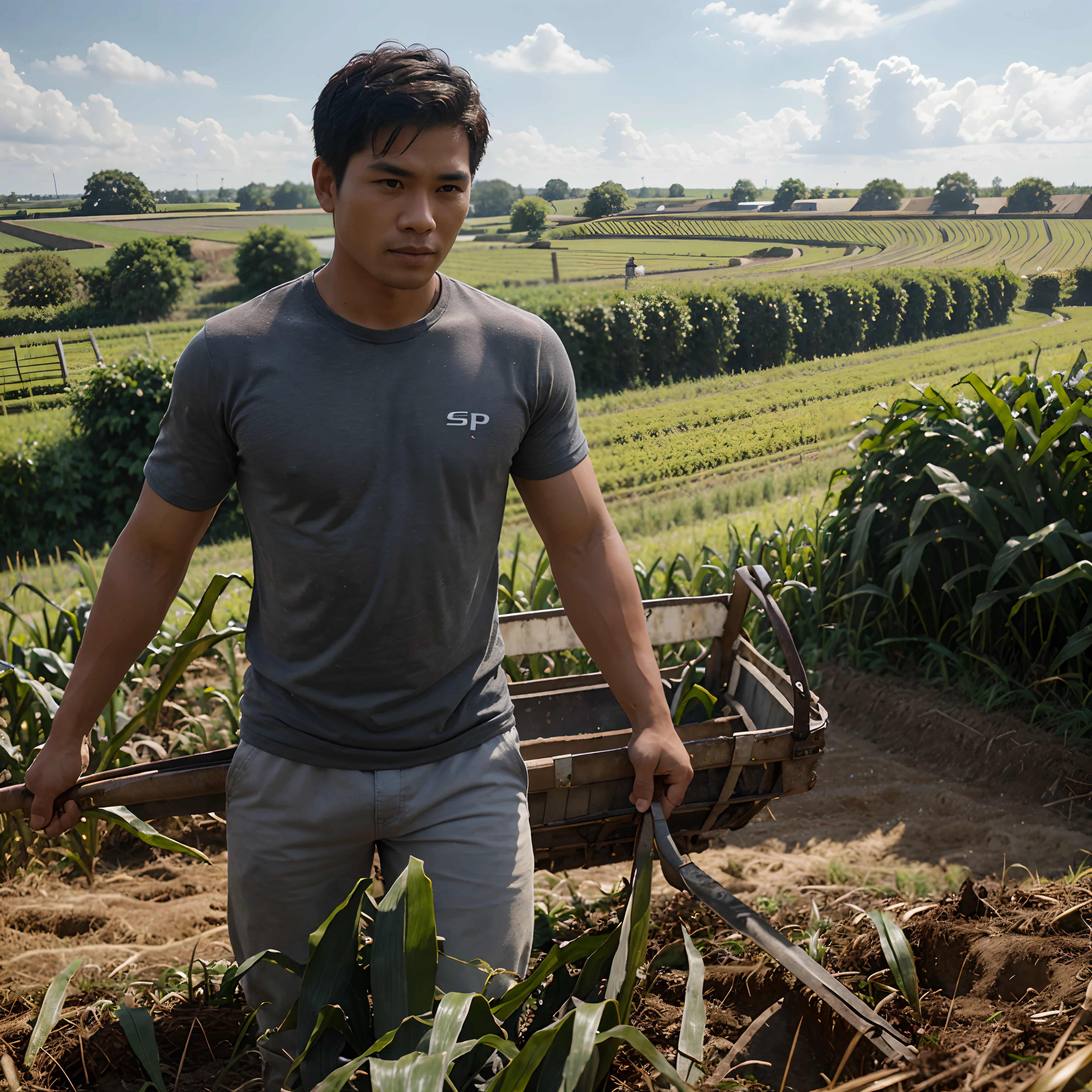 "Create an 8K ultra-realistic photorealistic rendering of a Filipino man or boy working, working on fields, working, se-up portrait style, busy working, countryside setting, surrounded by lush corn fields, capturing the essence of rural life in stunning detail."