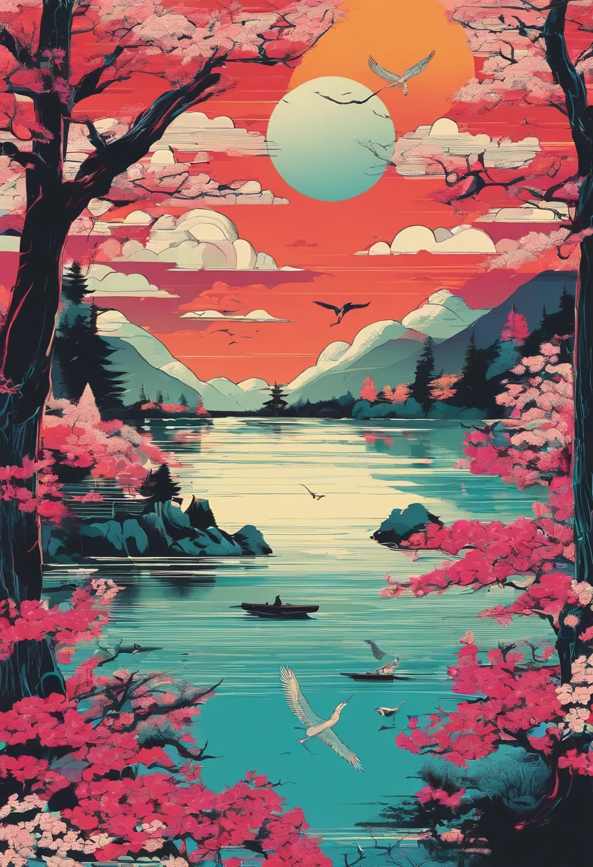 （japanese-inspired），（crane），（pine trees）、realistic、Ultra-long viewing angle，no man，scenecy，best qualtiy，detaileds