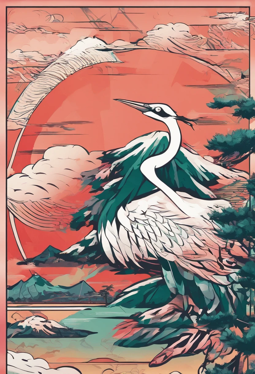 (japanese-inspired),(crane),(pine trees)、realistic、Ultra-long viewing angle,no man,scenecy,best qualtiy,detaileds