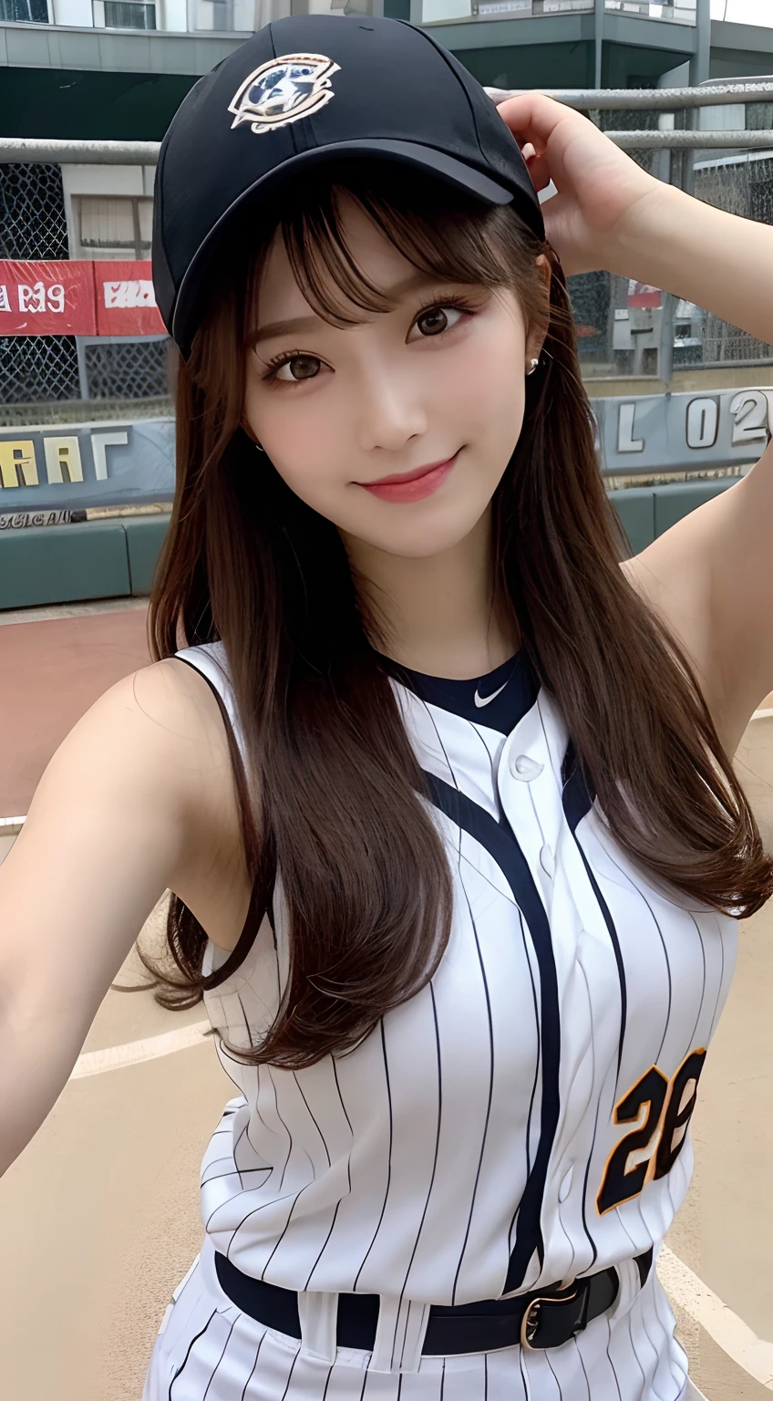 masutepiece, Best Quality, Illustration, Ultra-detailed, finely detail, hight resolution, 8K Wallpaper, Perfect dynamic composition, Beautiful detailed eyes, Women's Fashion Summer,High Ponytail,small tits, Bold sexy poses,Smile,Harajuku,20 years girl,Cute,Sexy shot looking at camera,baseball cap,Baseball Uniforms,(Armpit)