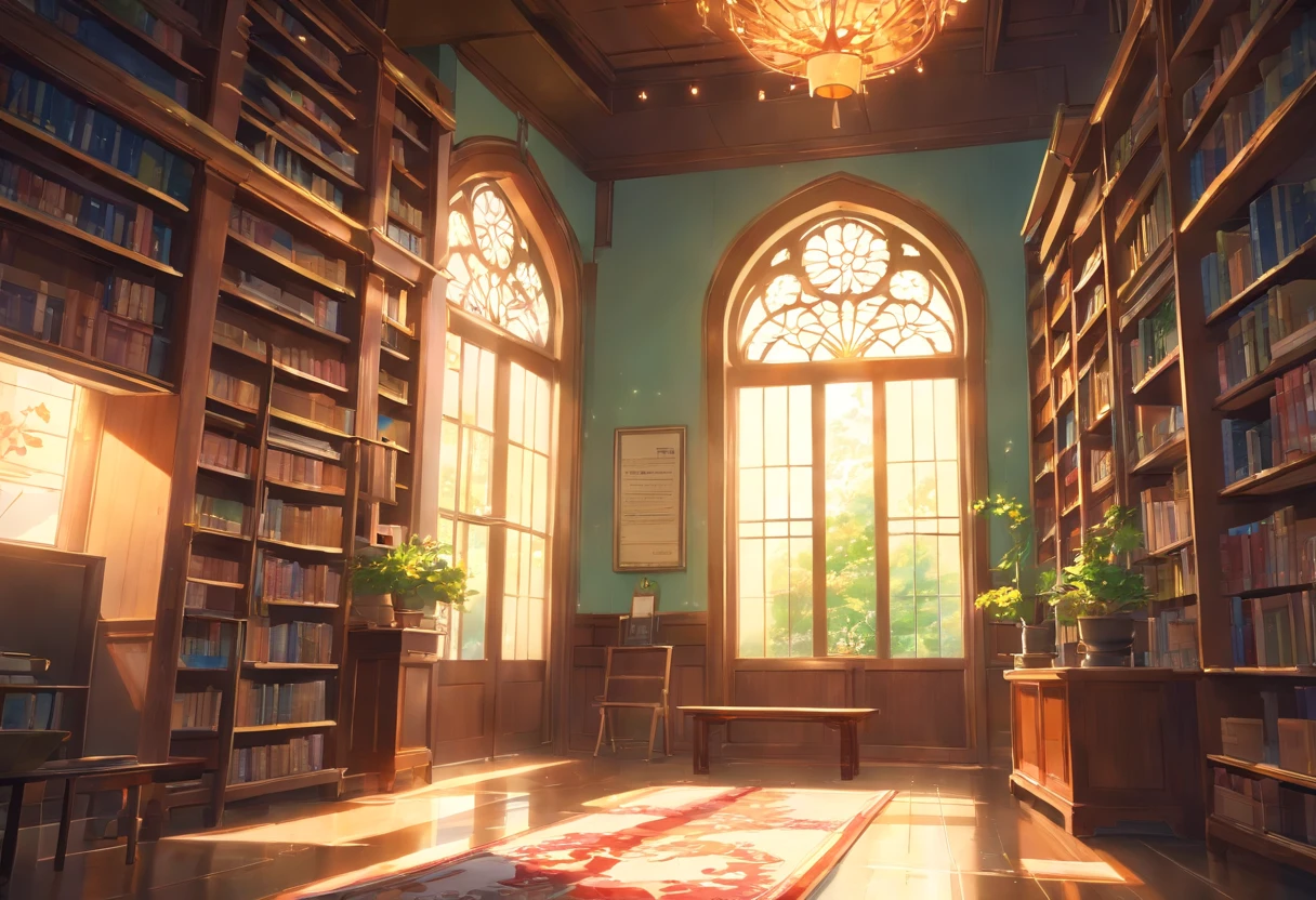 best quality, highres, ultra-detailed, European exotic luxurious library, close view from a wall, depth of field, bookshelves, ornate decorations, antique furniture, golden accents, stained glass windows, intricate carvings, vintage chandeliers, a cozy reading nook, leather-bound books, flickering candlelight, velvet drapes, polished wooden floors, a rich color palette, sunlight streaming through windows, tranquility