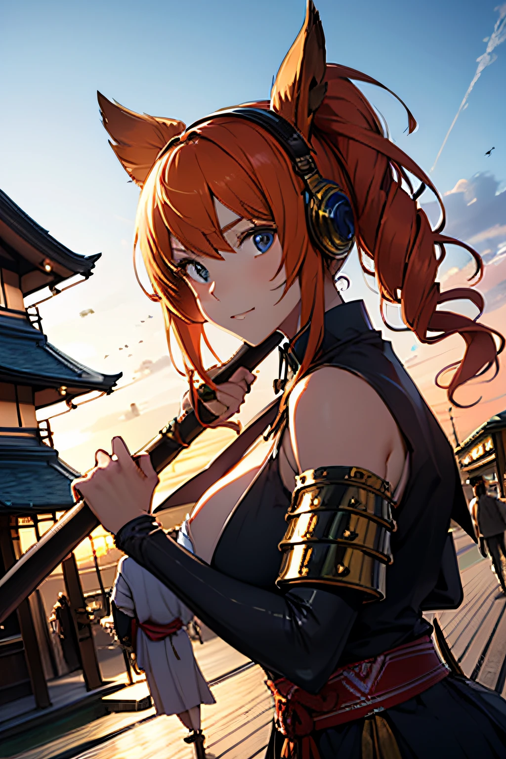 Beautiful Japan girl fighting fiercely in red armor, armor, helmets, And the red armor of the Japan