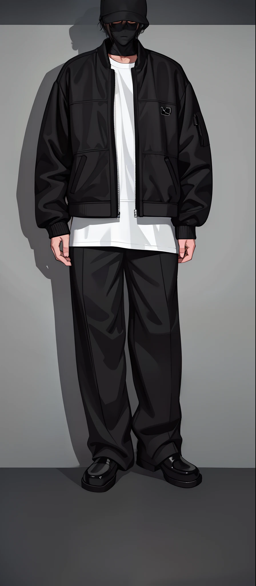 a close up of a person wearing a black jacket and pants, full body full height, full body picture, fullbody, portrait full body, full body shot, fully body portrait,