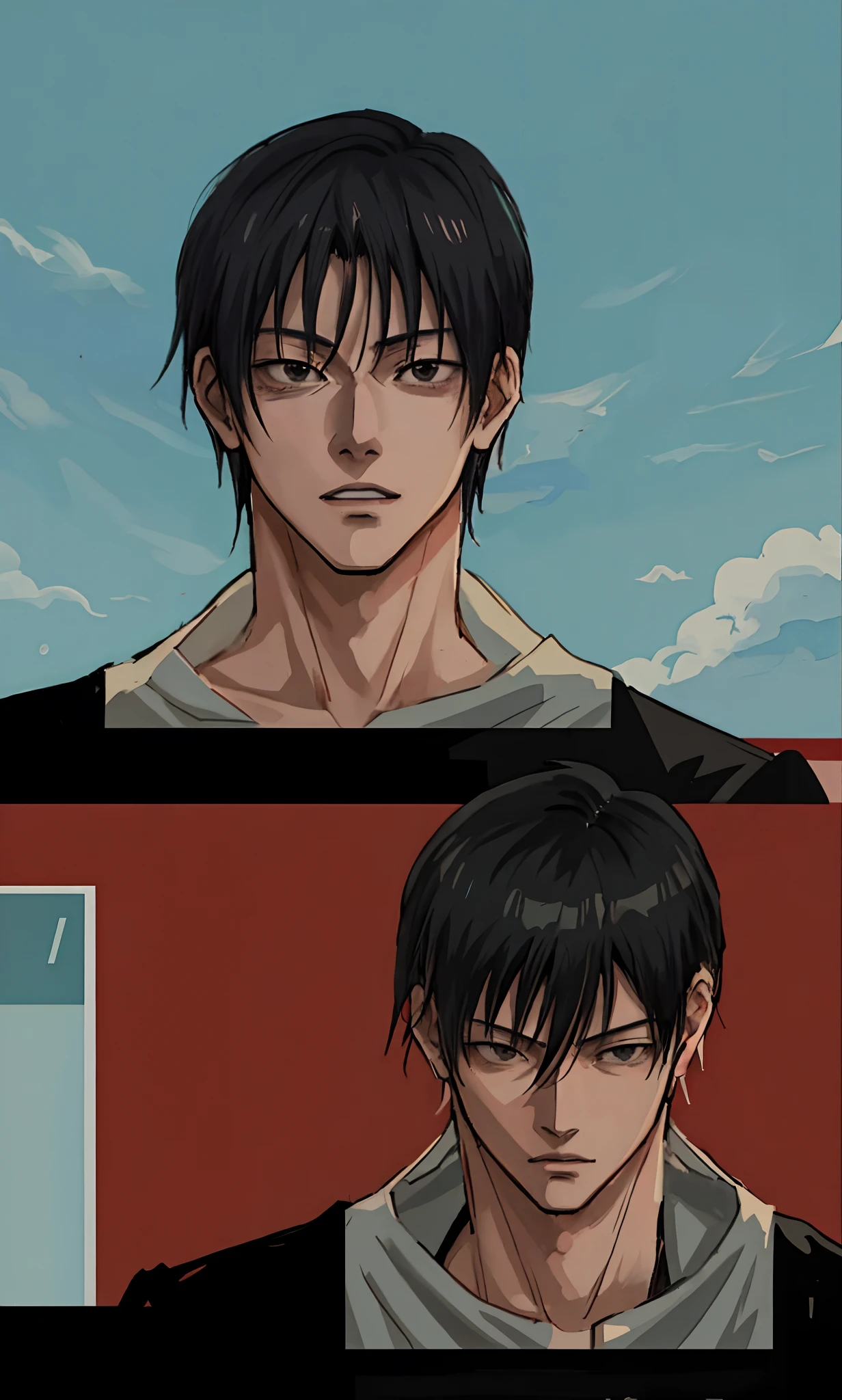a close up of two images of a man with black hair, as an anime character, toji fushiguro, jujutsu kaisen, male anime character, anime character,male anime style,anime style character, black eyes, fixing eyes