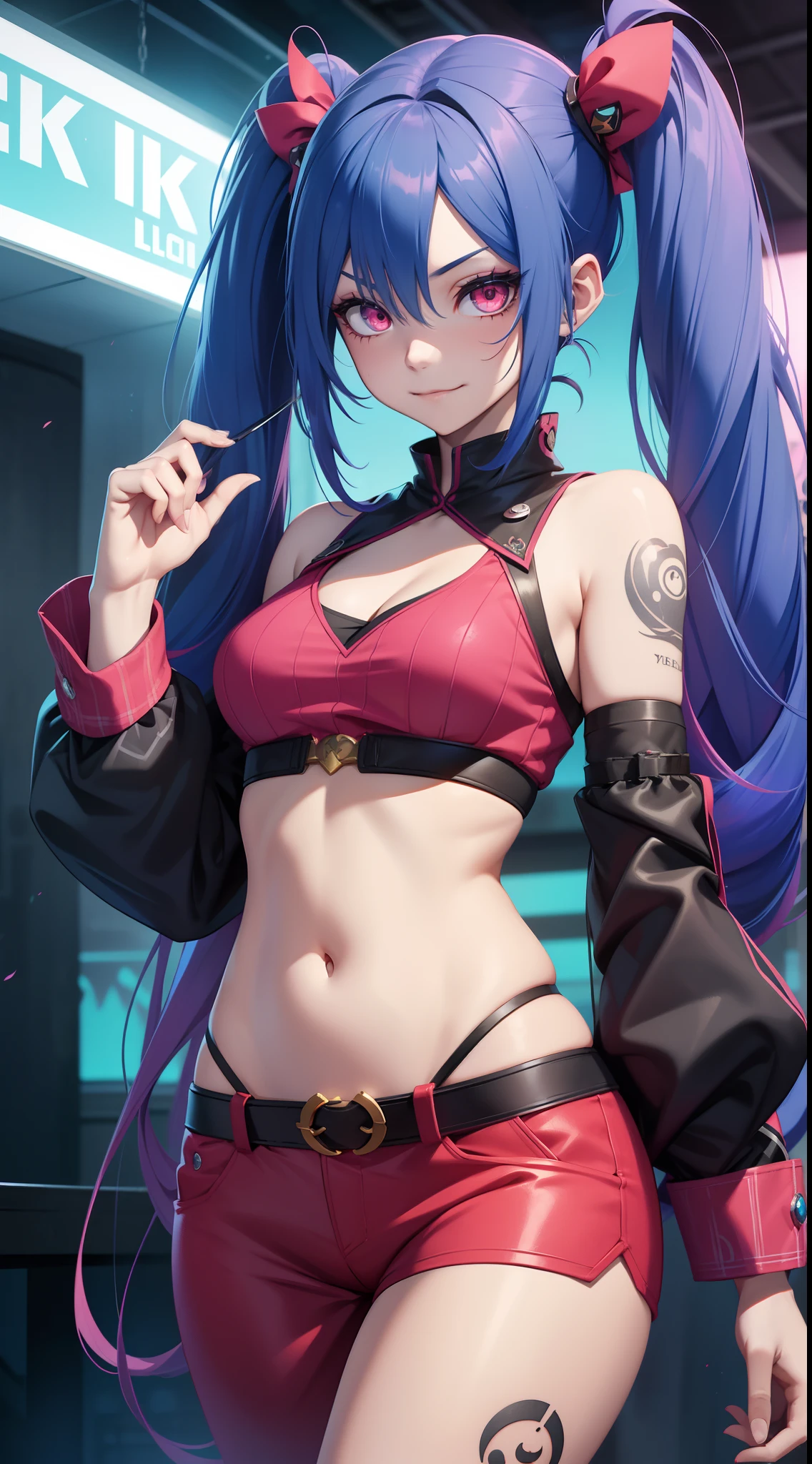 young girl, long blue hair, Two long pigtails, red eyes, smirk, tattoo, Black Top, open belly, flat chest, pink pants, Jinx(League of Legends), Masterpiece, hiquality, 4k, HD, Good detail