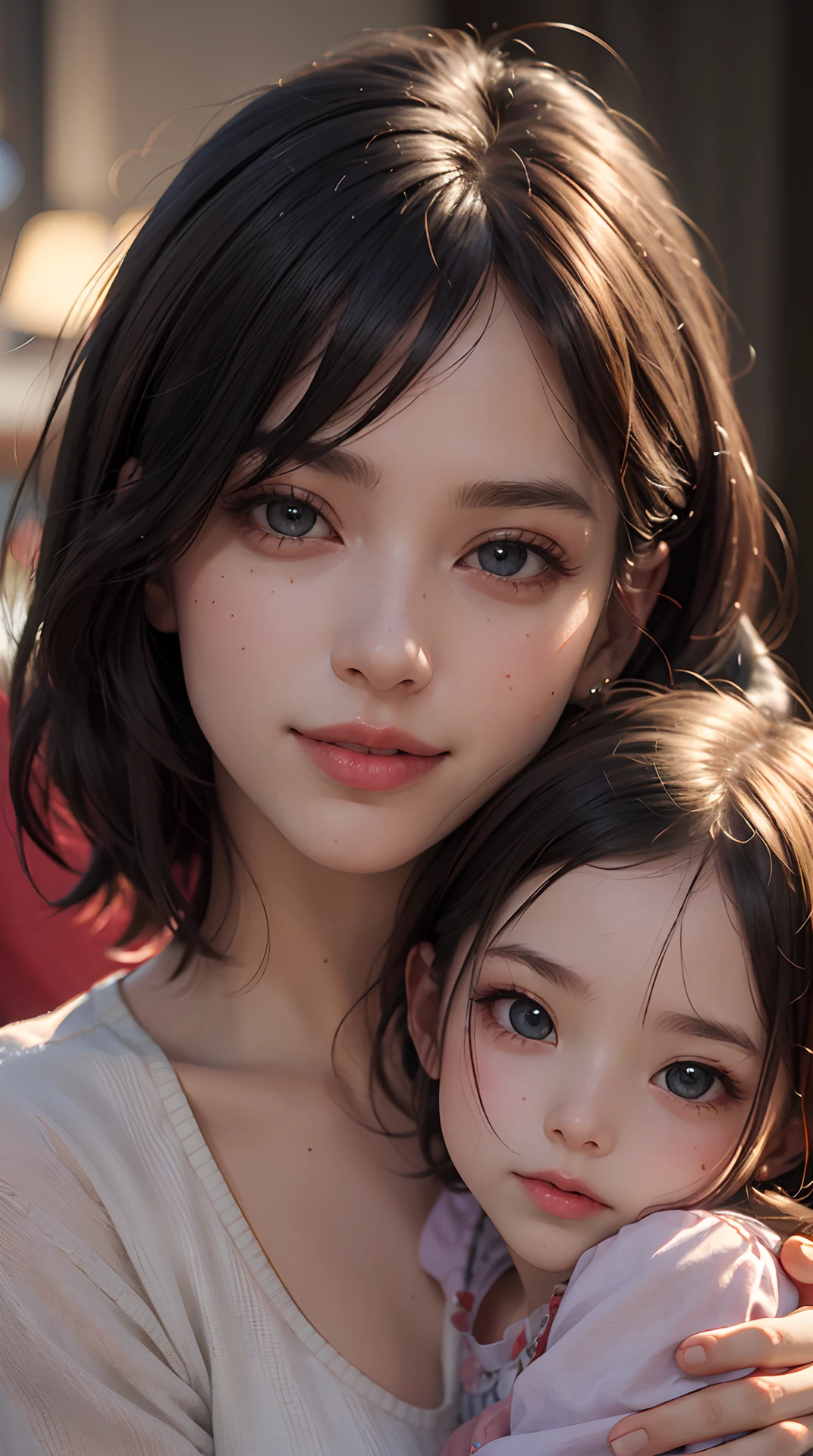 (Best Quality,4K,8K,hight resolution,masutepiece:1.2), Ultra-detailed, (Realistic,Photorealistic,Photorealsitic:1.37),(Beautiful detailed eyes, Beautiful detailed lips, extremely detailed eye and face, long eyelashes),Studio Lighting,Physically-based rendering,Vivid colors,(Woman holding a  in her arms, short cut, kind smile, happy mood),