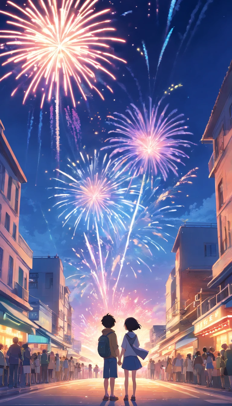 Boy watching fireworks festival with girl