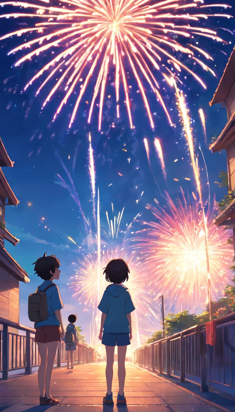 Boy watching fireworks festival with girl