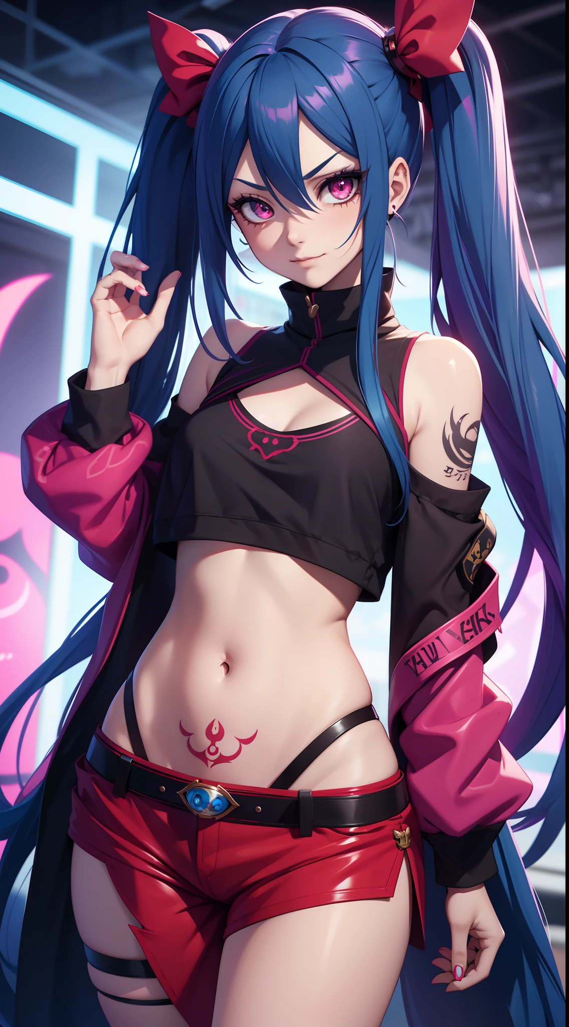 young girl, long blue hair, Two long pigtails, red eyes, smirk, tattoo, Black Top, open belly, flat chest, pink pants, Jinx(League of Legends), Masterpiece, hiquality, 4k, HD, Good detail