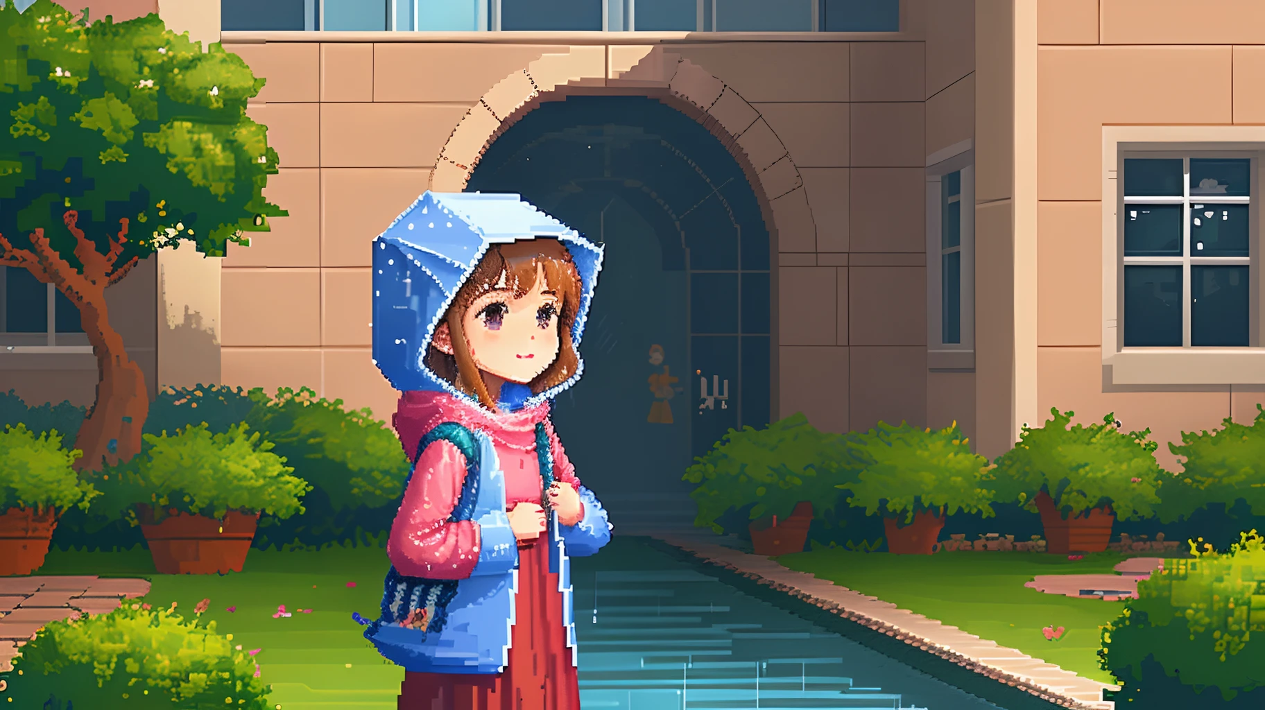pixel art,young girl in rain,bad quality,144p