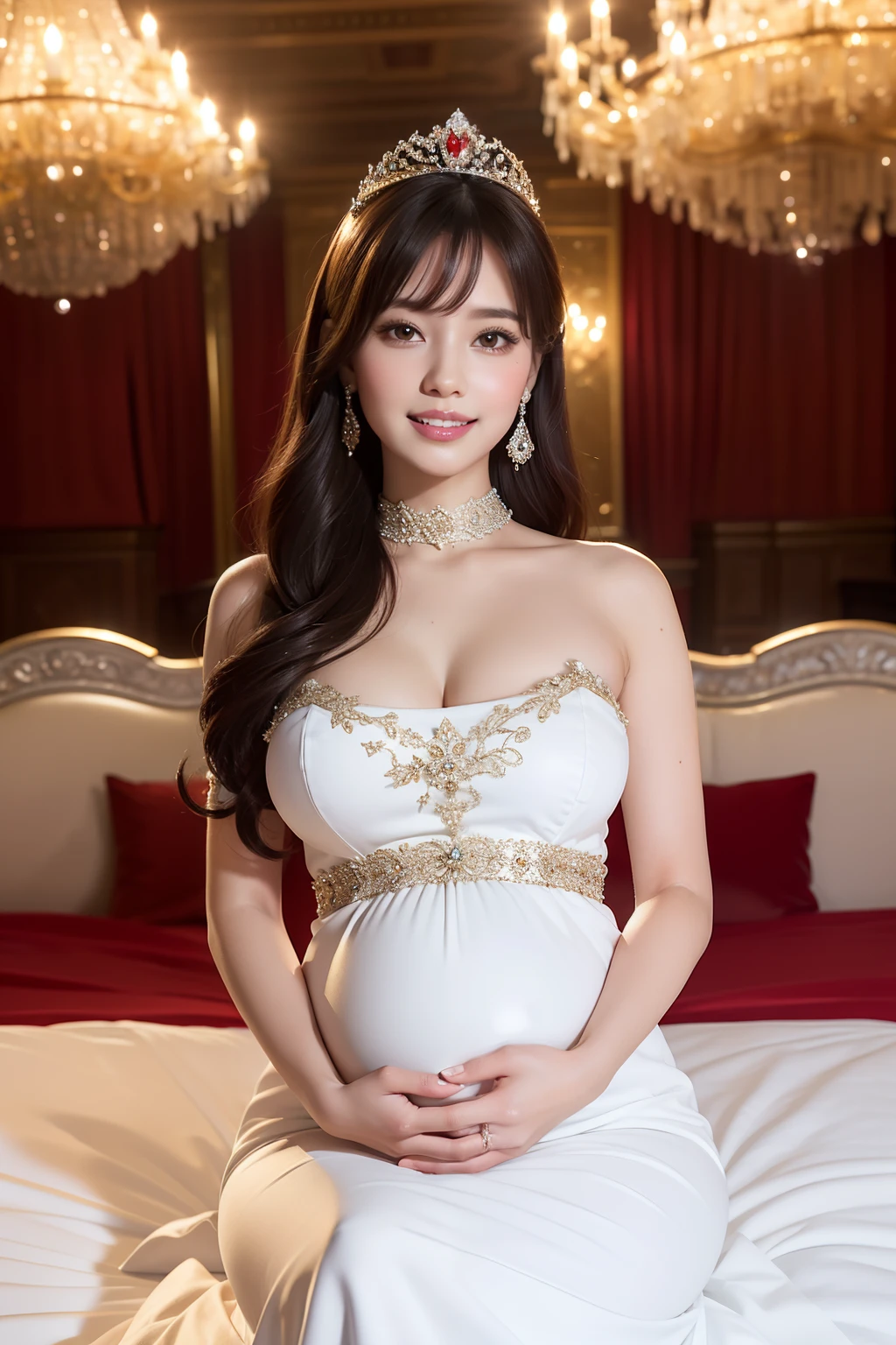 ((1 pregnant woman,Pregnant women in Japan,Japan pregnant women,Very big belly,Princess,Princess,Pretty princess)),(Smile here,Big smile,View here,It's the perfect camera gaze),(finerly detailed face,Lifelike face,Fine teeth,Clean teeth,White teeth,perfect teeth,A slight smil),beautiful tiara,Tiara and jewelry,Sparkling tiara,8K、hightquality、The best images、beautiful image、((Expensive VIP room in a gorgeous royal family, Sit on a plush bed,Sit on a gorgeous bed,Huge bed,Large room,Beautiful dress,Detailed chandelier,Luxury beyond imagination,Inside the Royal Palace, Room decorated with many ornaments, ornate decorations,Dazzling light, White and gold decoration))、best qualtiy,tmasterpiece,hight resolution,1girll,Princess,Princess Dresses,hair adornments,choker necklace,jewely,beautiful expression,Red High Gloss Lipstick,Physical,dingdall effect,realisticlying,Dark Studio,edge lit,two tone lighting,(highdetailskin:1.2),8K Ultra HD, Digital SLR, softlighting, hightquality, volumettic light, Sneak Shots, Photore, hight resolution