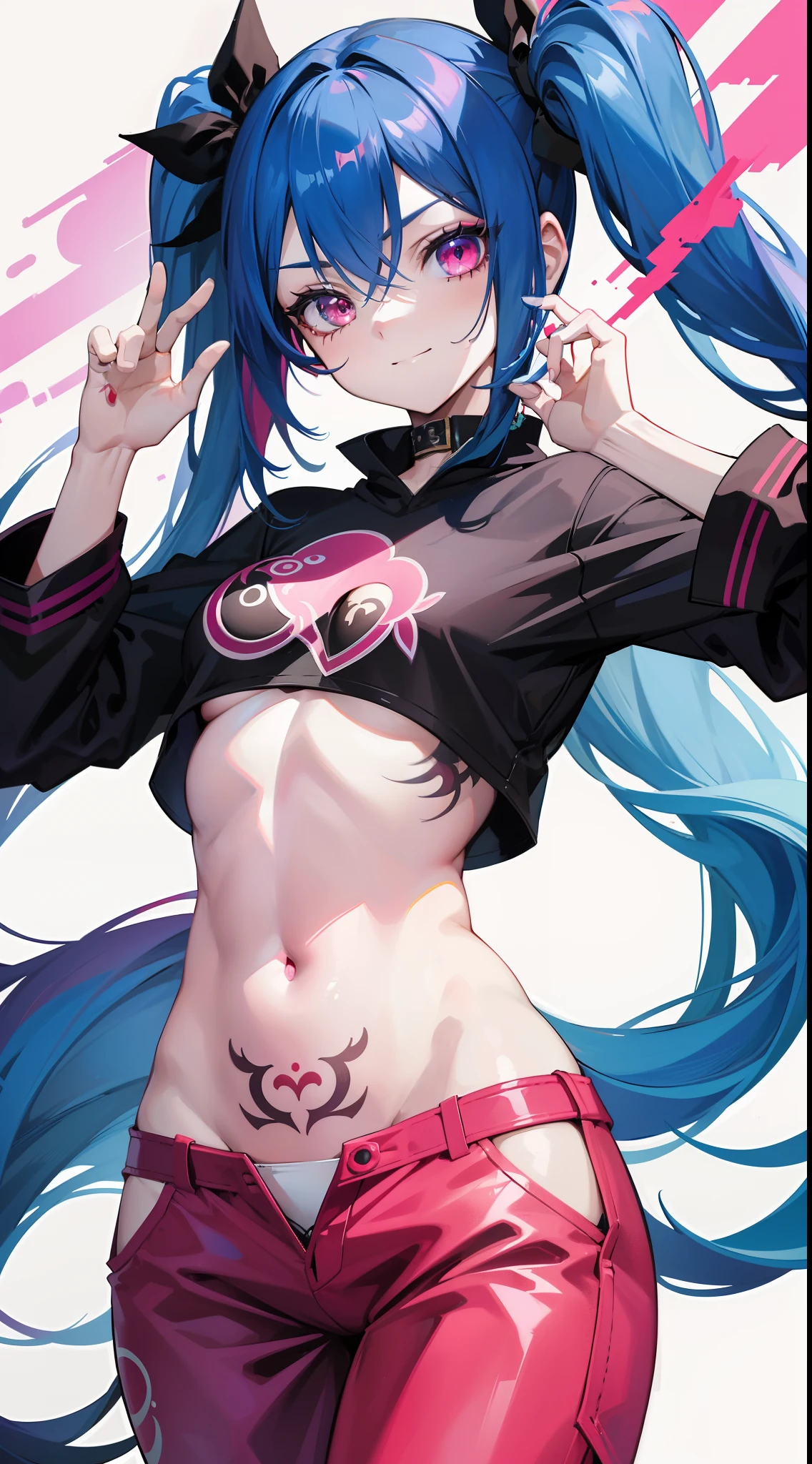 young girl, long blue hair, Two long pigtails, red eyes, smirk, tattoo, Black Top, open belly, flat chest, pink pants, Jinx(League of Legends), Masterpiece, hiquality, 4k, HD, Good detail