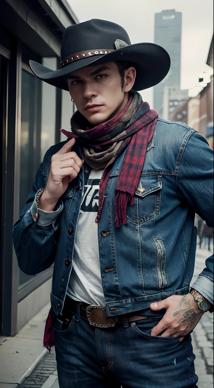 Handsome guy wearing a hat and scarf, art station trends, Wear punk clothes, Ultra-realistic detailed rendering, background blur, Urban style, scary pose, fashionable attire, urbansamurai,, Western denim specialty