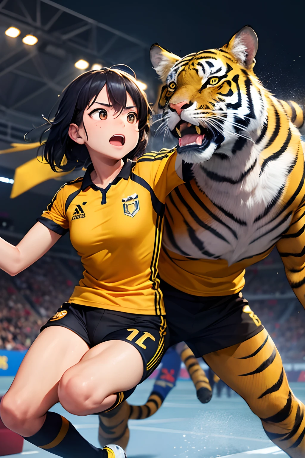 Capture the intensity of the Malaysian football team's performance with an image of a roaring tiger, yellow jersey with black stripes, tiger stripes, representing their fierce determination and passion for the game