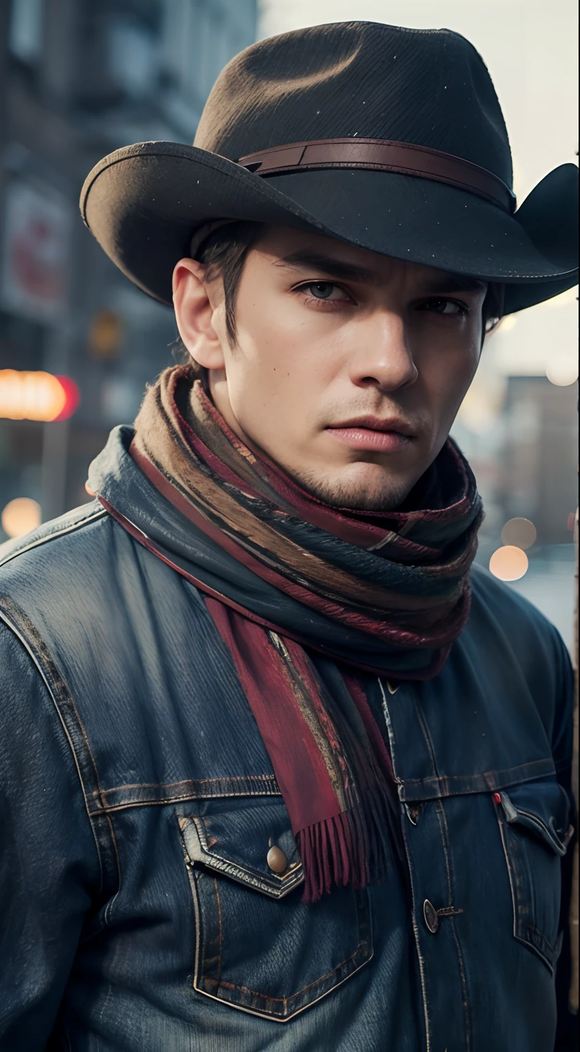 Handsome guy wearing a hat and scarf, art station trends, Wear punk clothes, Ultra-realistic detailed rendering, background blur, Urban style, scary pose, fashionable attire, urbansamurai,, Western denim specialty