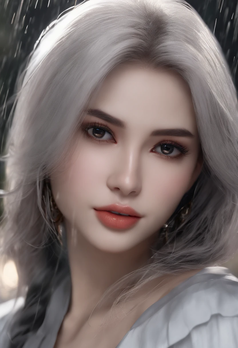 ((Best Quality, 8K, Masterpiece: 1.3)), Sharp: 1.2, Perfect Body Beauty: 1.4, Slim Abs: 1.2, ((Layered Hairstyle, Big Breasts: 1.2)), (Wet White Button Long Shirt: 1.1), (Rain, Street: 1.2), Wet: 1.5, Highly detailed face and skin texture, detailed eyes, double eyelids, side face looking at the camera