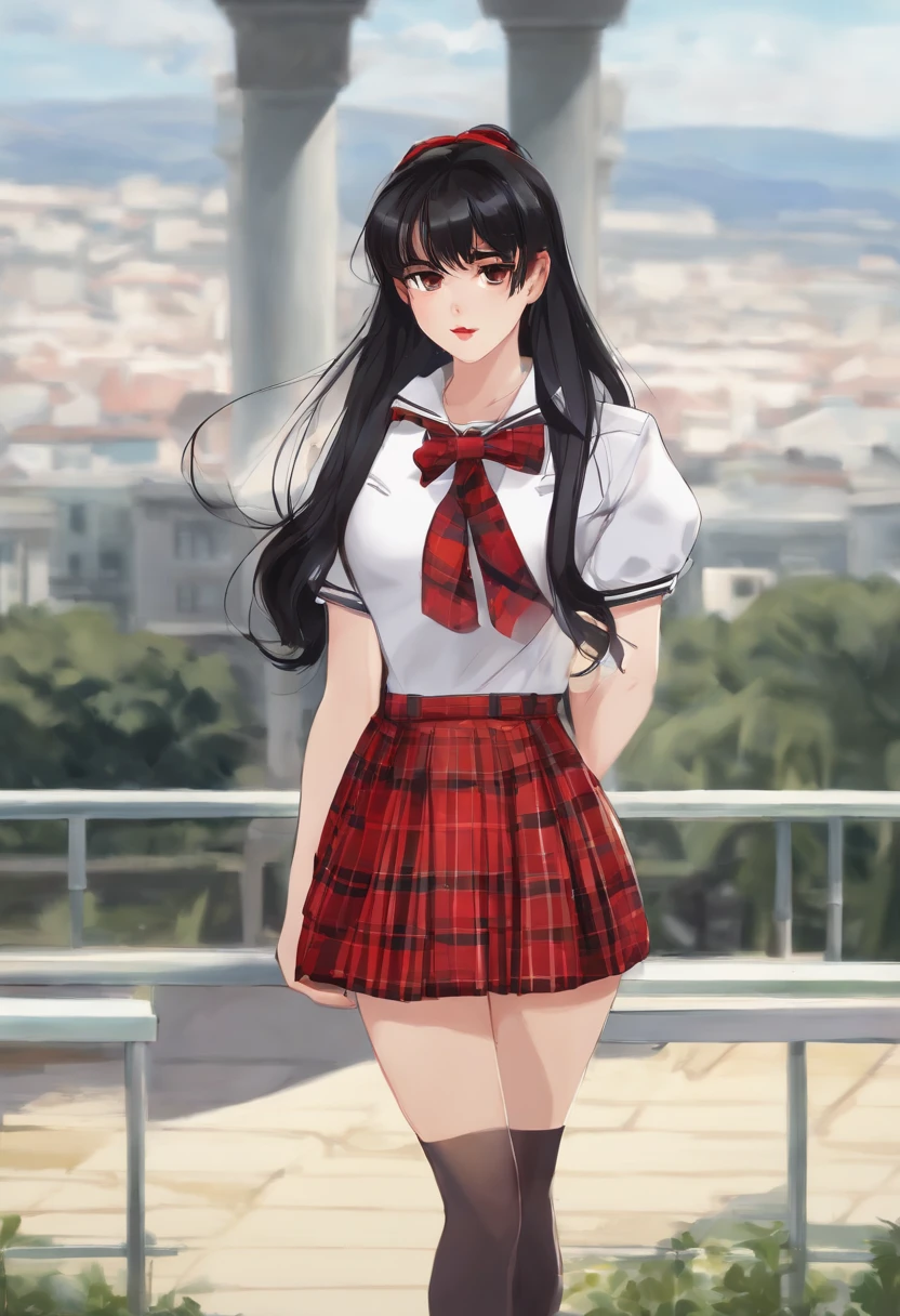nffsw, 1girl in, Solo, Long hair, Looking at Viewer, Bangs, Skirt, Shirt, Black hair, Bow, bow ribbon, arms behind back, White shirt, Ponytail, Short sleeves, Hair Bow, Pleated skirt, Parted lips, Collared shirt, Blurry, Black eyes, Plaid, Blurry background, plaid skirts, White skirt, grey skirt.Sailor Mars