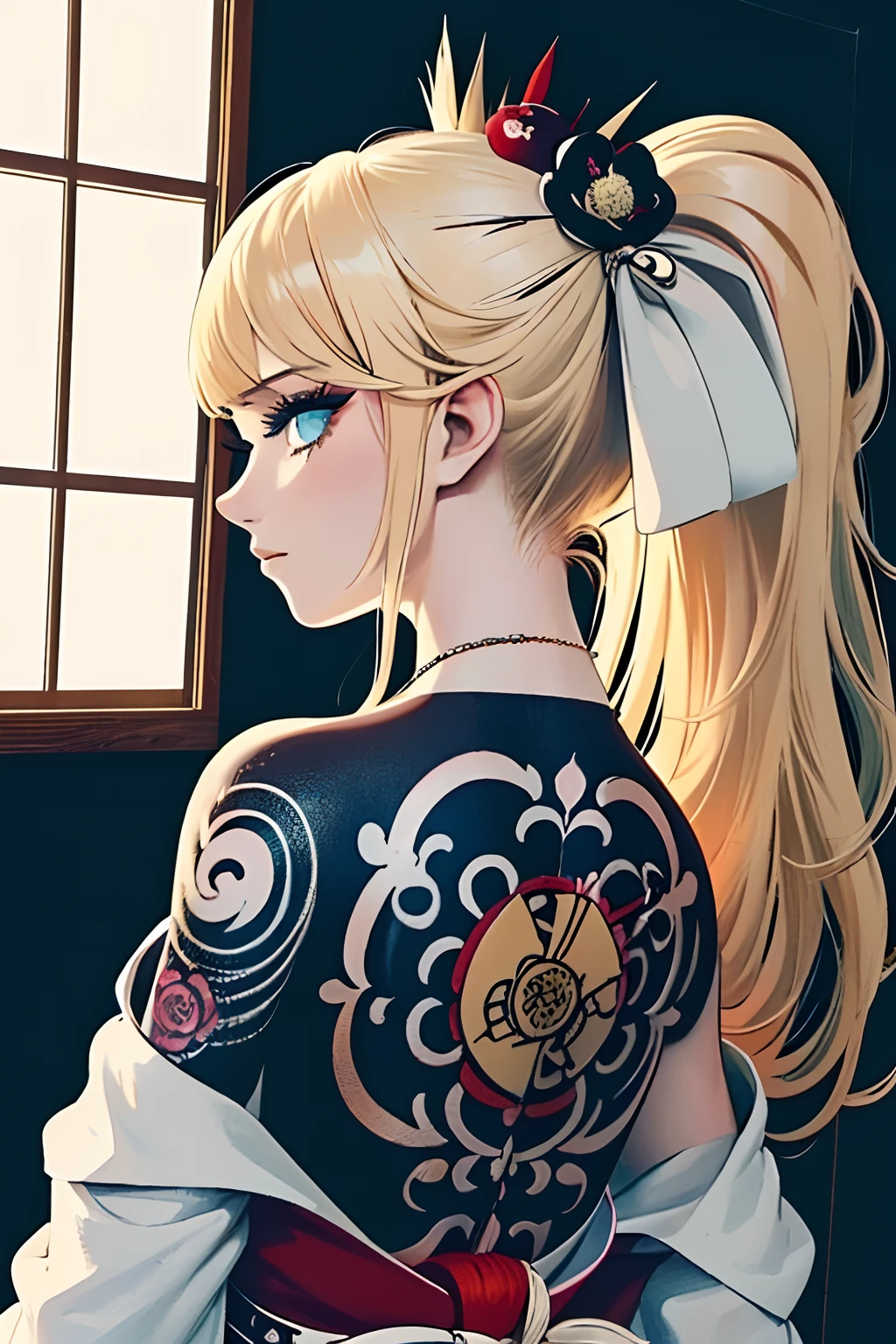(masterpiece, top quality, best quality, official art, beautiful and aesthetic:1.2),1girl, tattoo, solo, japanese clothes, hair ornament, unsheathing, blonde hair, sheath, back tattoo, blue eyes, off shoulder, bare shoulders, looking back, from behind, flower, looking at viewer, holding, makeup,
indoor,