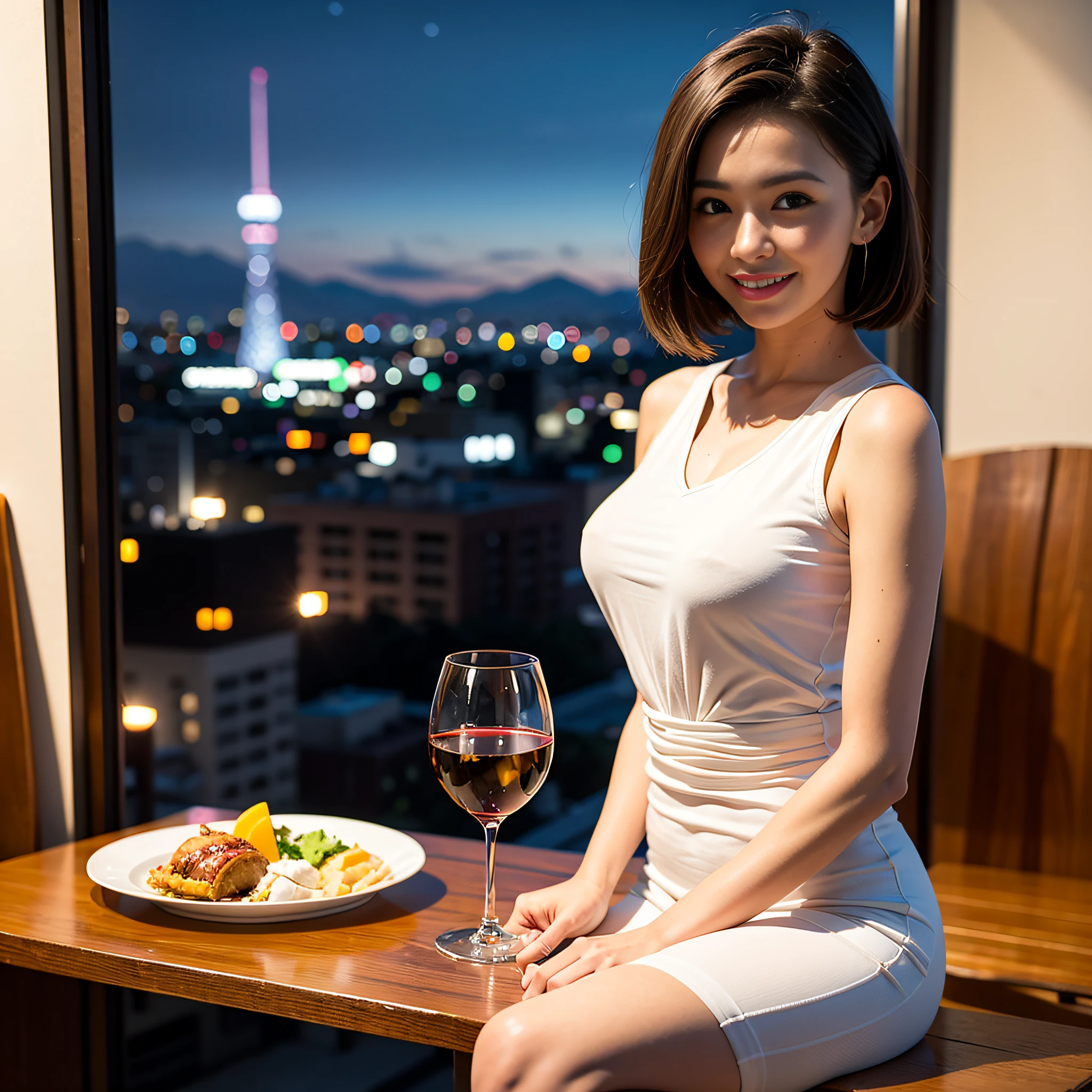 (64K, UHD, top quality, masterpiece: 1.2), (realistic, photorealistic: 1.37), super detailed, pretty woman 1 person, (slim face), (slim body), (brown hair), (short cut), cheeks slightly blushing, (44 years old), 38 years old, solo, beautiful detailed urban night view outside the window, restaurant, wine glasses sit, at night, in a prominent placeNovaFrogStyle, Actress, Model, Waist Up, White Wine, Slim, Wine Glass, Super Clean Night View, Wine Glass Put in the Middle, Happy Smile, (Smile: 1.15), Beautiful Fine Eyes, Upper Body, Bust Japan Up, Night, Short, Short, Actress, Model, Waist Up, White Wine, Slim, Wine Glass, Super Clean Night View, Wine Glass Put in the Middle, Happy Smile,