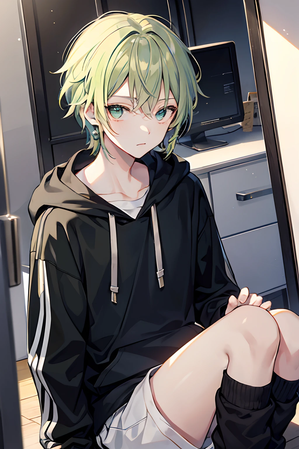 boy 14 years old, hair light, green colored eyes, black hoodie