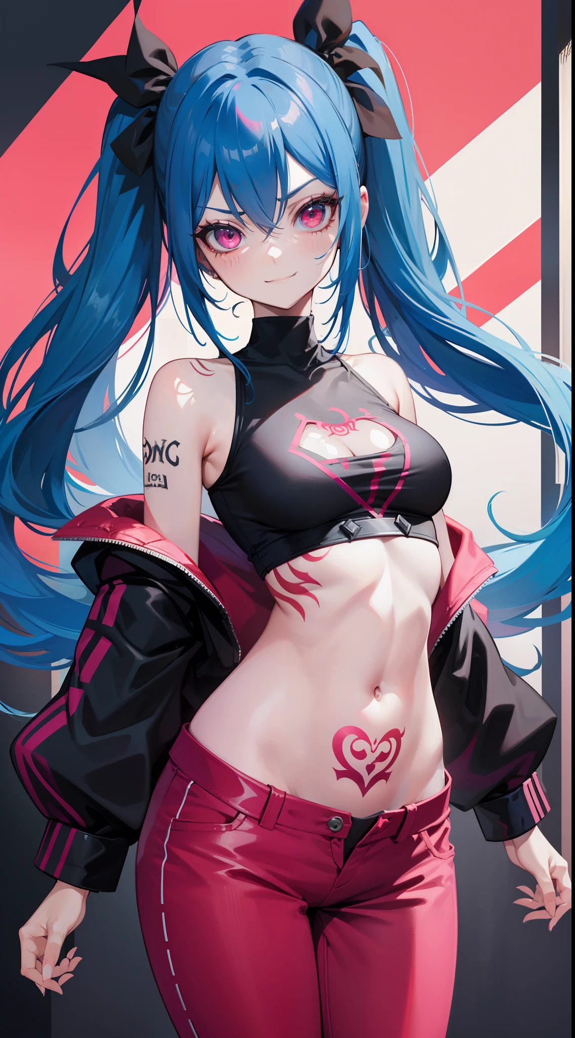 young girl, long blue hair, Two long pigtails, red eyes, smirk, tattoo, Black Top, open belly, flat chest, pink pants, Jinx(League of Legends), Masterpiece, hiquality, 4k, HD, Good detail