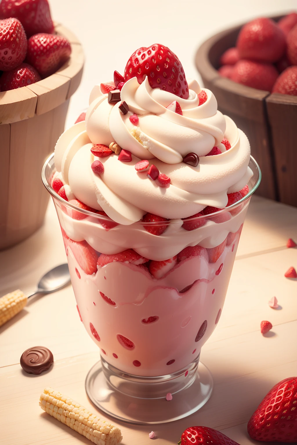 Delicious strawberry ice cream,With crispy corn, Sprinkle with chocolate, Realistic and detailed images