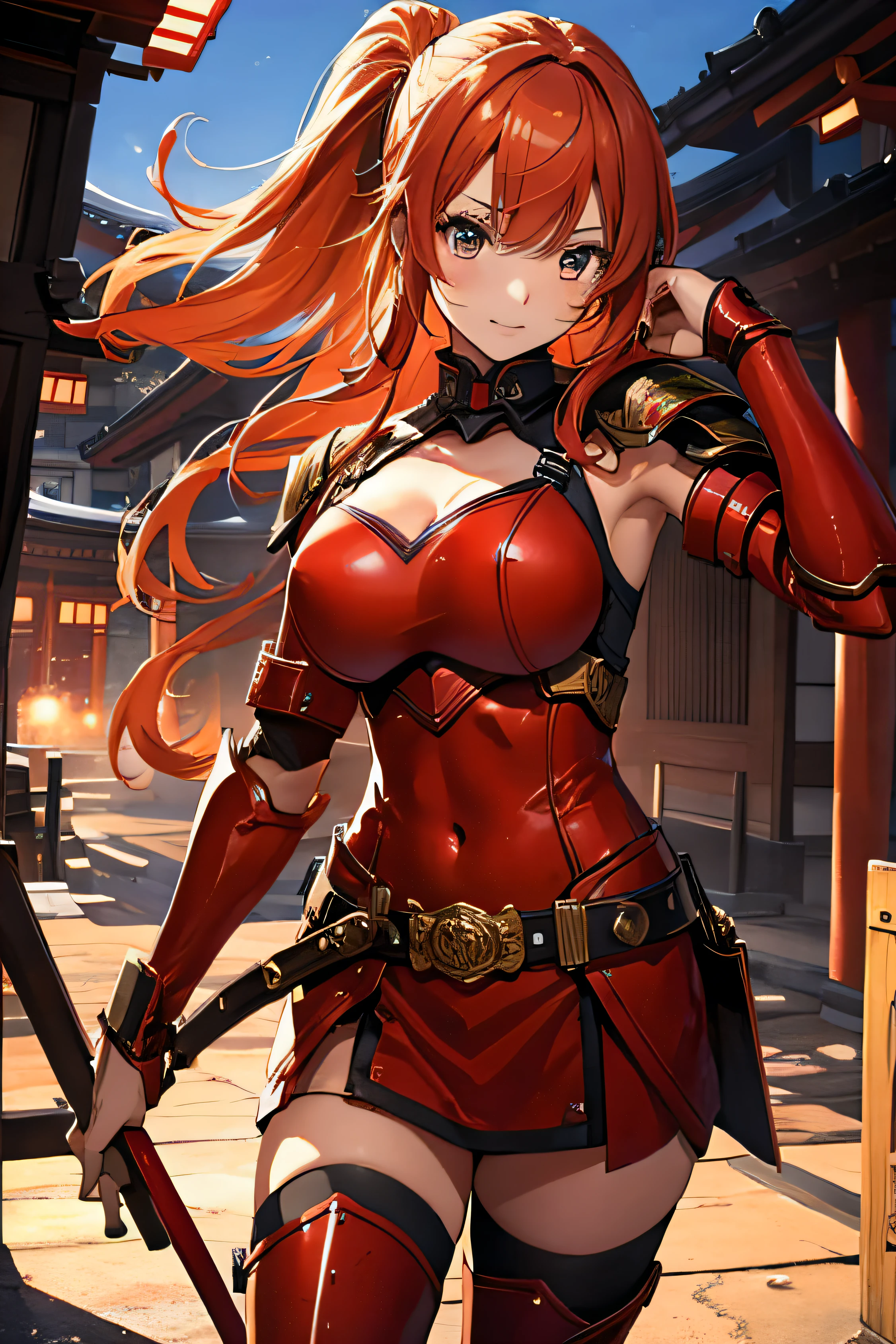 Beautiful girl in Japan fighting in Japan red armor