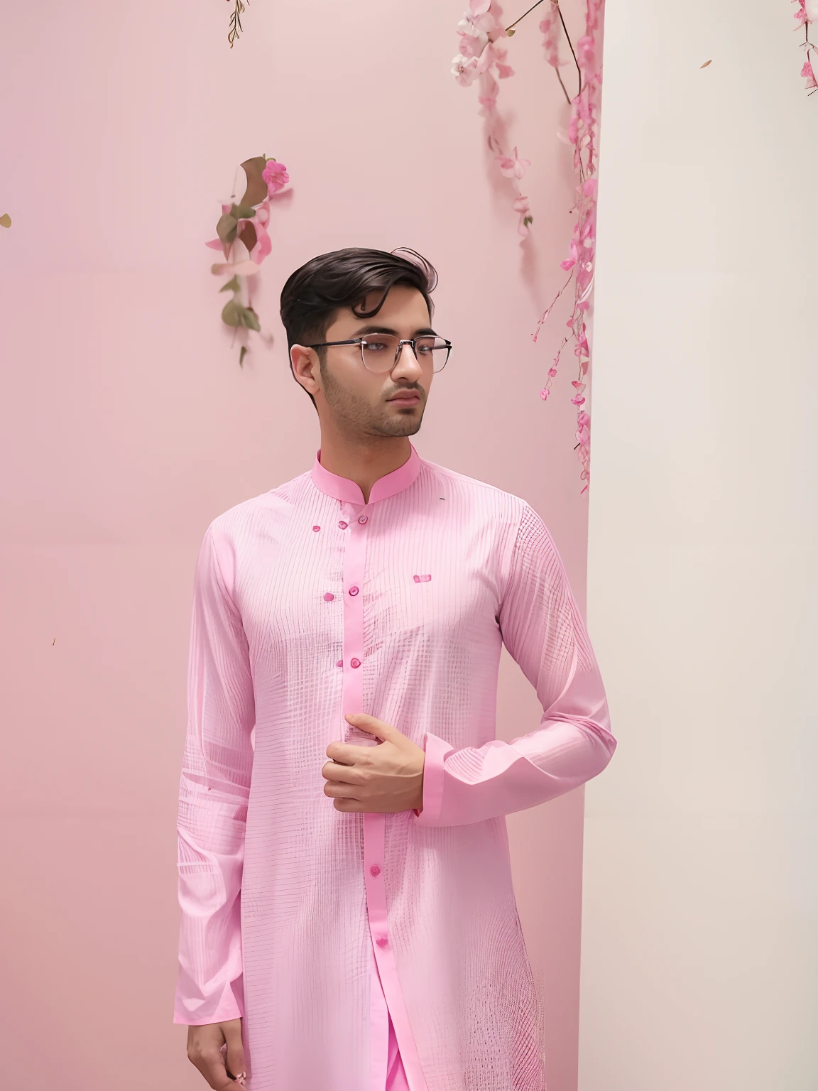 arafed man in a pink shirt and glasses standing against a white wall, pink shirt, wearing a kurta, magenta shirt, wearing a silk kurta, vastayan, * colour splash *, dressed thobe, vibrant pink, pink clothes, mohamed chahin style, wearing in shirt, pink face, pink zen style, in style of col price, pink hue