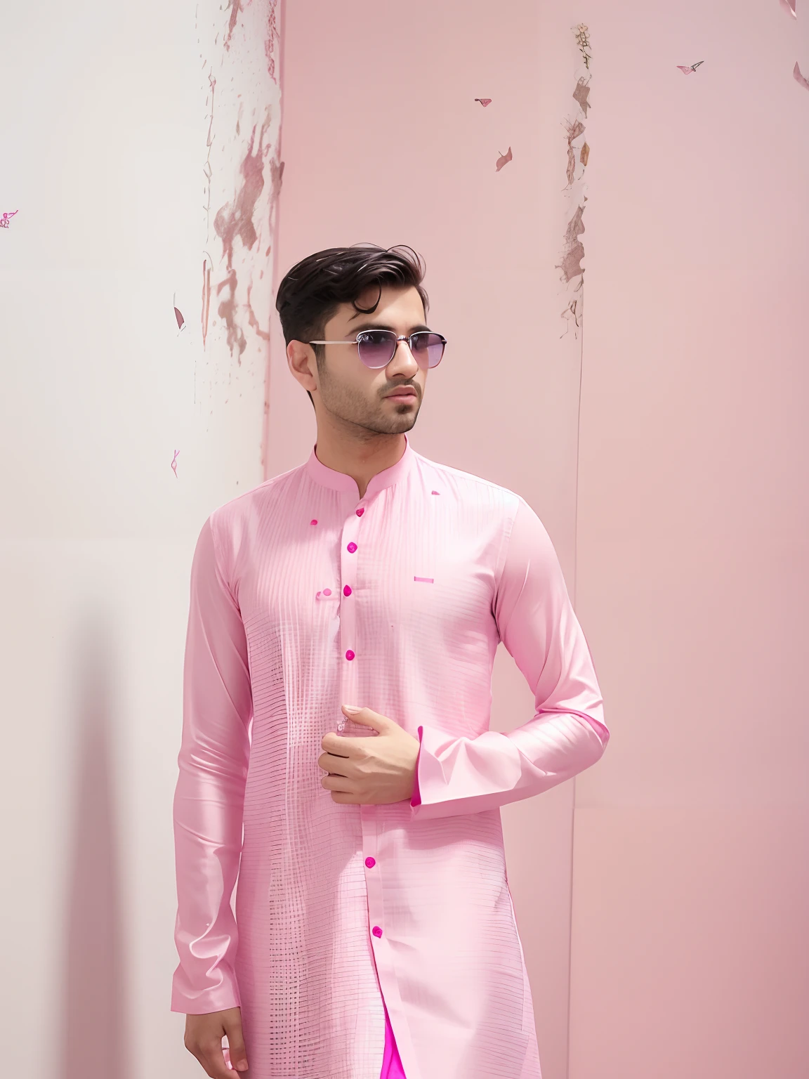 arafed man in a pink shirt and glasses standing against a white wall, pink shirt, wearing a kurta, magenta shirt, wearing a silk kurta, vastayan, * colour splash *, dressed thobe, vibrant pink, pink clothes, mohamed chahin style, wearing in shirt, pink face, pink zen style, in style of col price, pink hue