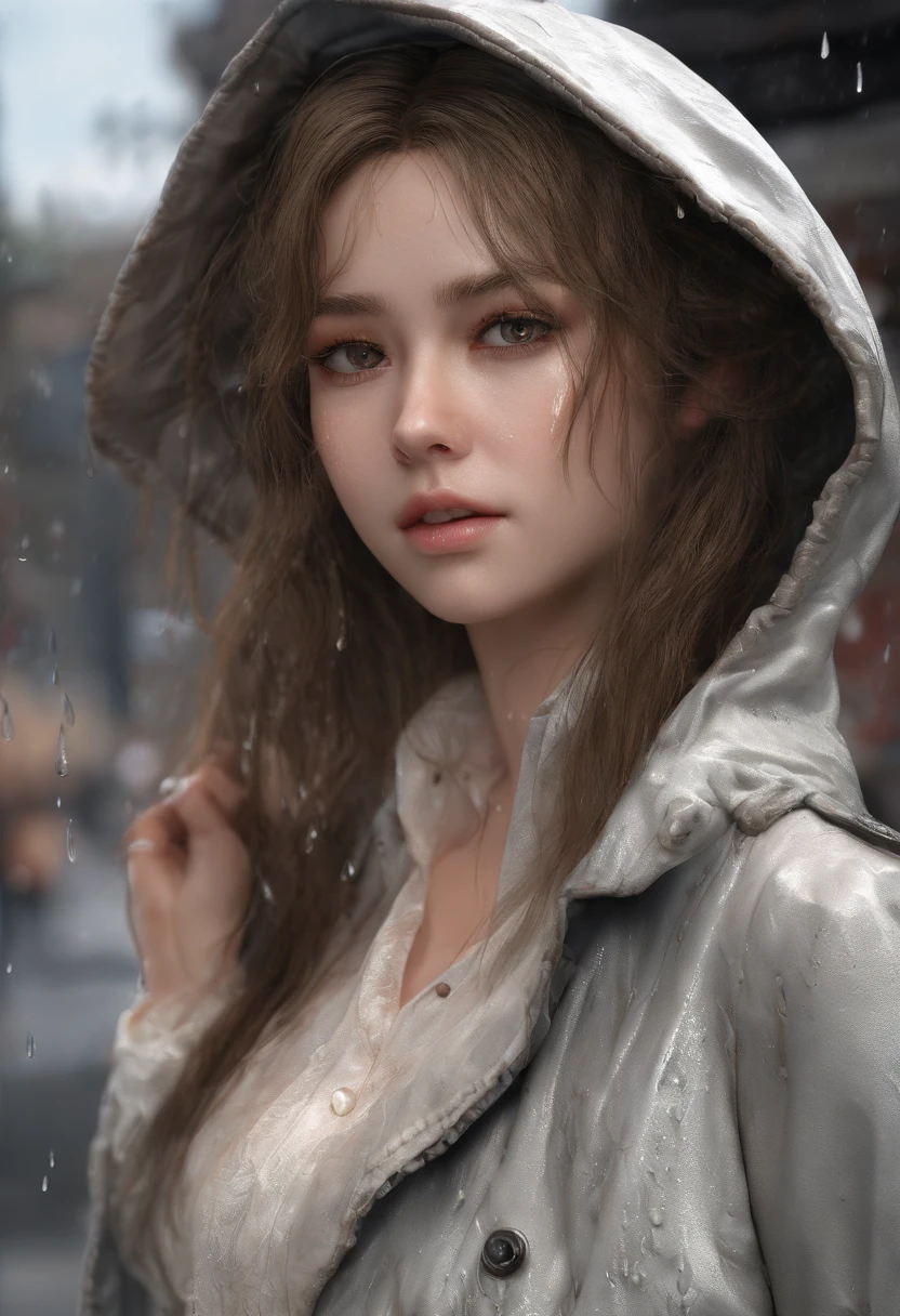 ((Best Quality, 8K, Masterpiece: 1.3)), Sharp: 1.2, Perfect Body Beauty: 1.4, Slim Abs: 1.2, ((Layered Hairstyle, Big Breasts: 1.2)), (Wet White Button Long Shirt: 1.1), (Rain, Street: 1.2), Wet: 1.5, Highly detailed face and skin texture, detailed eyes, double eyelids, side face looking at the camera
