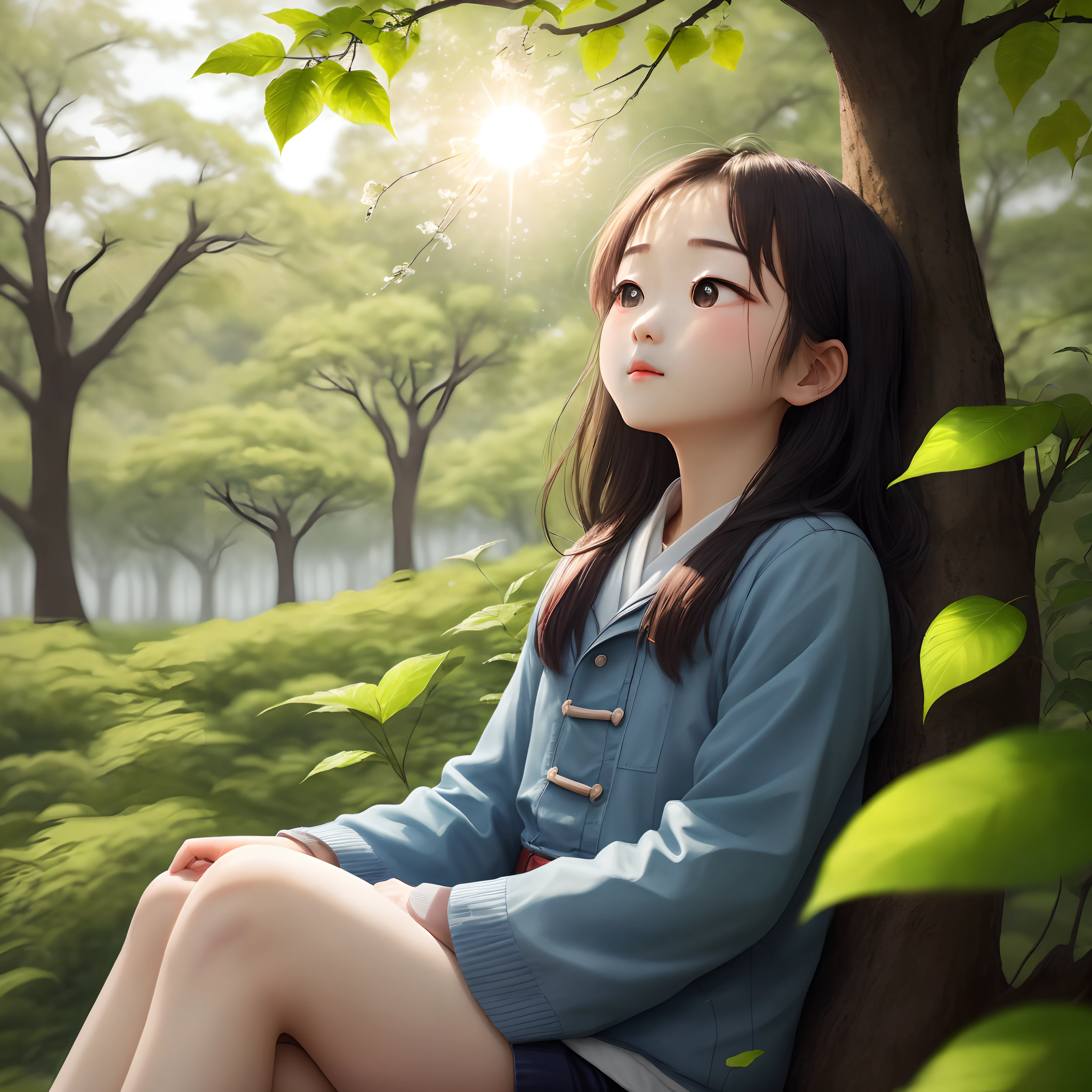 A girl sits against a tree，head looking up，Put one hand on your forehead to prevent the sun from glare。The leaves are a new green in spring。