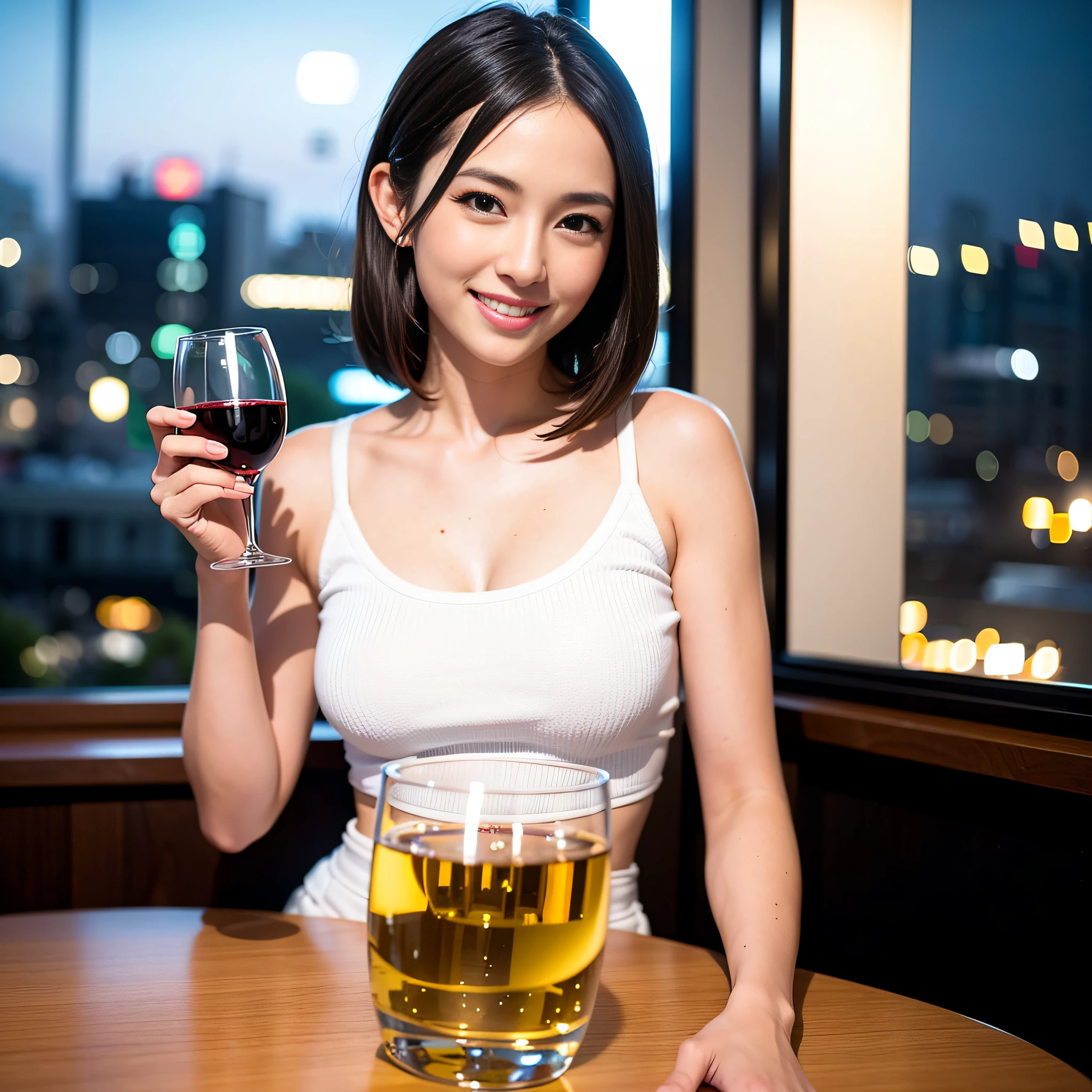 (64K, UHD, top quality, masterpiece: 1.2), (realistic, photorealistic: 1.37), super detailed, pretty woman 1 person, (slim face), (slim body), (brown hair), (short cut), cheeks slightly blushing, (35 years old), 38 years old, solo, beautiful detailed urban night view outside the window, restaurant, wine glasses sit, at night, in a prominent place (from the waist up) NovaFrogStyle, Actress, Model, Waist Up, White Wine, Slim, Wine Glass, Super Clean Night View, Wine Glass Put in the Middle, Happy Smile, (Smile: 1.15), Beautiful Fine Eyes, Upper Body, Bust Japan Up, Night, Short, Short, Actress, Model, Waist Up, White Wine, Slim, Wine Glass, Super Clean Night View, Wine Glass Put in the Middle, Happy Smile,