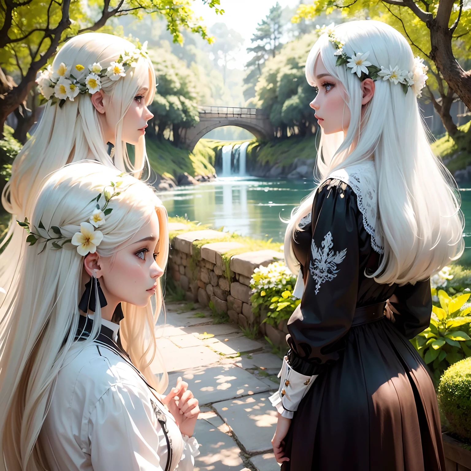 Best quality at best,tmasterpiece,Mulheres Bonitas,long, whitish hair,divino,raios de sol,Bela floresta como pano de fundo,