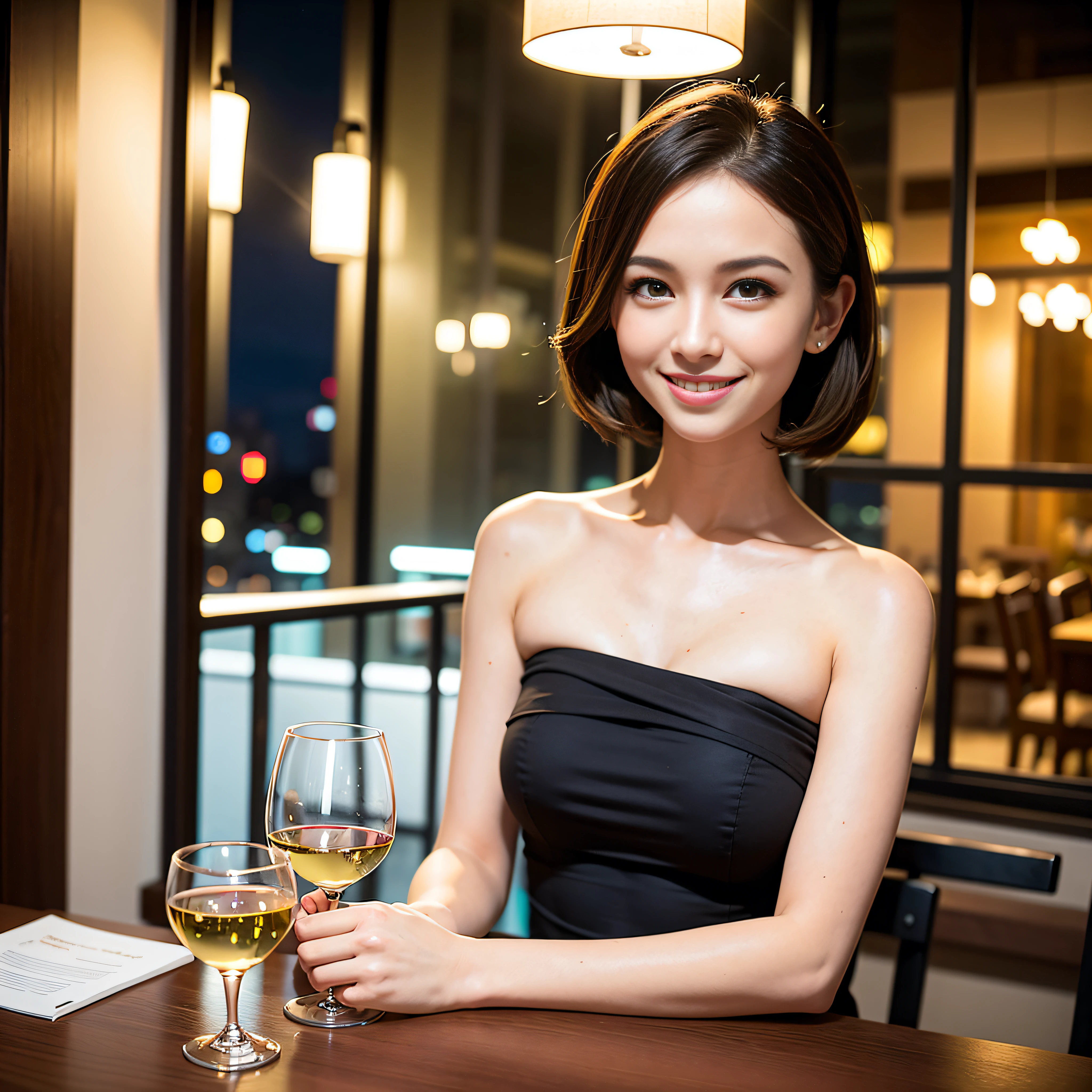 (64K, UHD, top quality, masterpiece: 1.2), (realistic, photorealistic: 1.37), super detailed, pretty woman 1 person, (slim face), (slim body), (brown hair), (short cut), cheeks slightly blushing, (44 years old), 38 years old, solo, beautiful detailed urban night view outside the window, restaurant, wine glasses sit, at night, in a prominent placeNovaFrogStyle, Actress, Model, Waist Up, White Wine, Slim, Wine Glass, Super Clean Night View, Wine Glass Put in the Middle, Happy Smile, (Smile: 1.15), Beautiful Fine Eyes, Upper Body, Bust Japan Up, Night, Short, Short, Actress, Model, Waist Up, White Wine, Slim, Wine Glass, Super Clean Night View, Wine Glass Put in the Middle, Happy Smile,