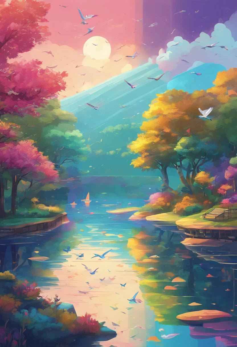 （（Rainbow after rain）），Skysky, blue colors, baiyun, after rainny, rays of sunshine, refractions, Seven colors, Red, Orange, Yellow, Green, Blue, Violet, arc-shaped, A bridge to heaven, llight rays, dream magical, wanting, Calm lake, inverted image, The outline of the tree, Birds fly, freshen, magical, Beautiful natural landscape