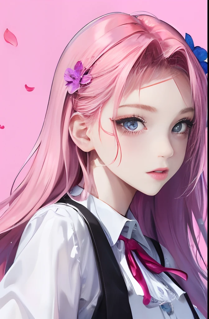 8K, masutepiece, Best Quality, Night, fullmoon, 1 girl, Korean style, Mature Woman, Sister, Woman with long pink hair, Long hair, Light pink lips, Calm, logical, Bangs, gray pupils, Wearing pink flowers on the head, flowers background, Petal dance, Delicate face, close up, Face Zoom, Detailed face, Detailed eyes, Looking at Viewer, close to viewer