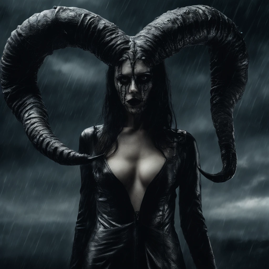 1girl, expressive eyes, perfect face (an 8k ultra photo Realistic wide angle lens) best quality, splash art, cinematic lighting, volumetric lighting, illustration
((an extremely delicate and beautiful face)), (nice hands, perfect hands),(wet oiled naked nude 19 yo eastern european girl, cat eyes, eye-liner, eye-shadow, goth make-up), (large adult black ram horns)walking, (black patent high heels, nude torso, black latex gloves) serpent tentacles medusa, moody, surreal, lake of darkness, nightmare, NIGHT, windy, STORMCLOUDS, thunderstorm, RAINSTORM, LIGHTNING, giger, necronomicon, visceral,nightmare,tentacles,dreadful humanoid,imagination,fantastical,dramatic,dark tones,paranormal,macro lens,surreal juxtaposition,cosmic horror,horror,c'thulhu, (gritty noir) , realisticdetailed, show rain, horror, wide-angle shot, film noir, dramatic angle, extreme angle shot, wide-angle shot, muted color grading, bokeh, tilt-shift effect, long exposure, wide-angle shot