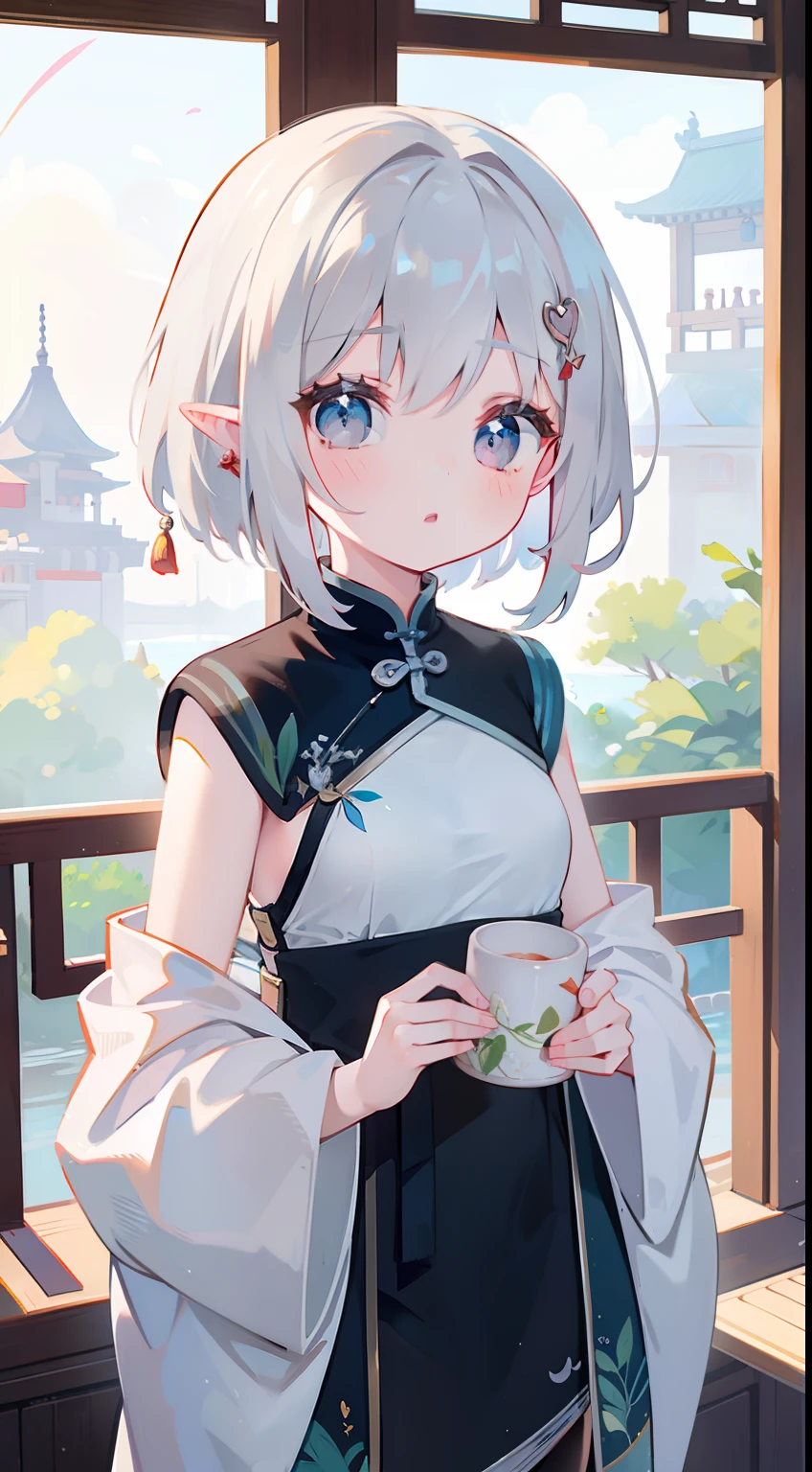 One girl、silber hair、a short bob、cute little、small tits、Elven ears、masterpiece、top-quality、Top image quality、China Made