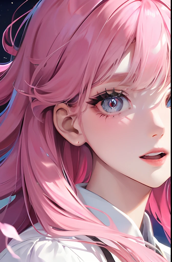 8K, masutepiece, Best Quality, Night, fullmoon, 1 girl, Korean style, Mature Woman, Sister, Woman with long pink hair, Long hair, Light pink lips, Calm, logical, Bangs, gray pupils, flowers background, Petal dance, Delicate face, close up, Face Zoom, Detailed face, Detailed eyes, Looking at Viewer, close to viewer