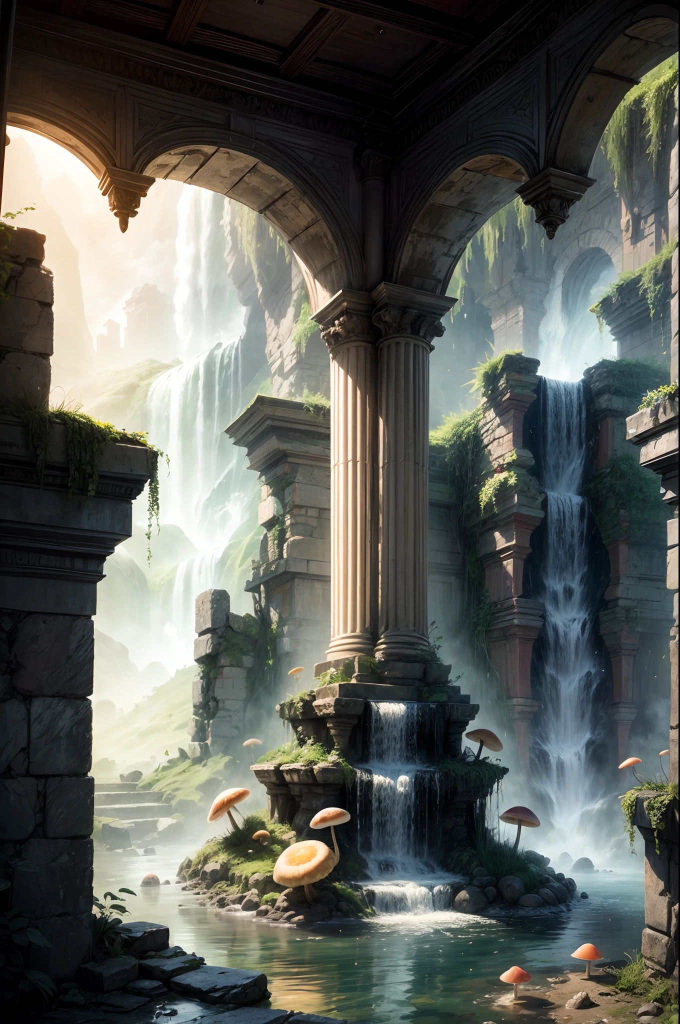 "Mysterious ruins, closeup girl's adventure, waterfall's secret, glowing mushrooms, enchanting mystique, rule of thirds composition"