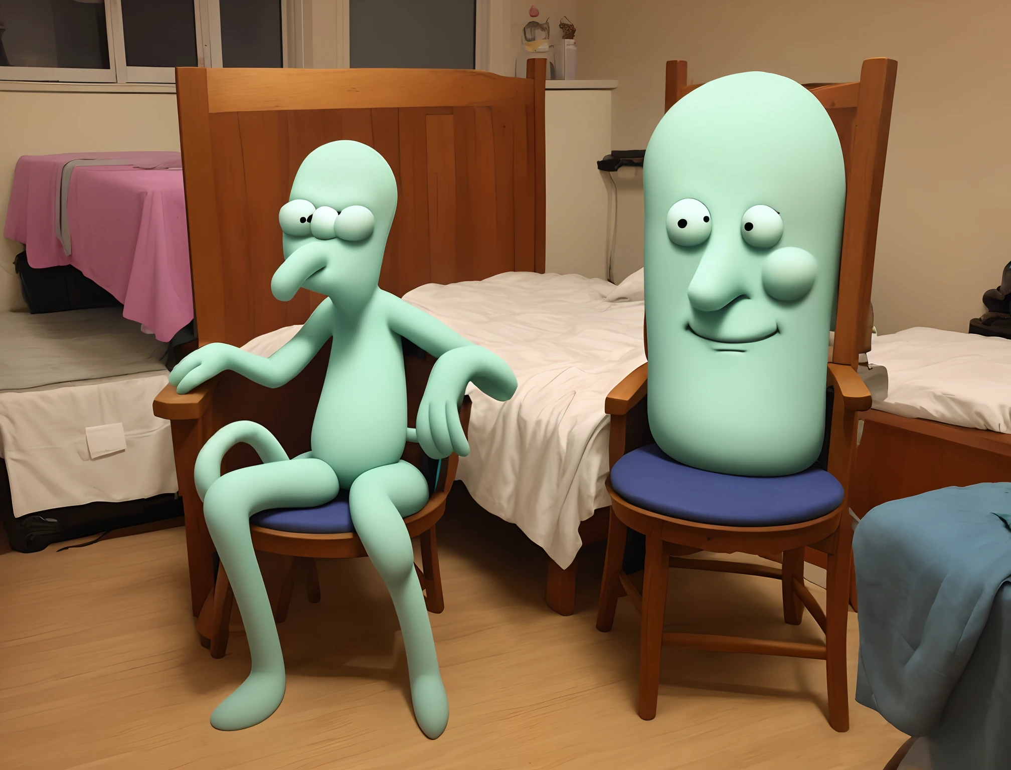 Squidward, on a bed, pooping out chairs