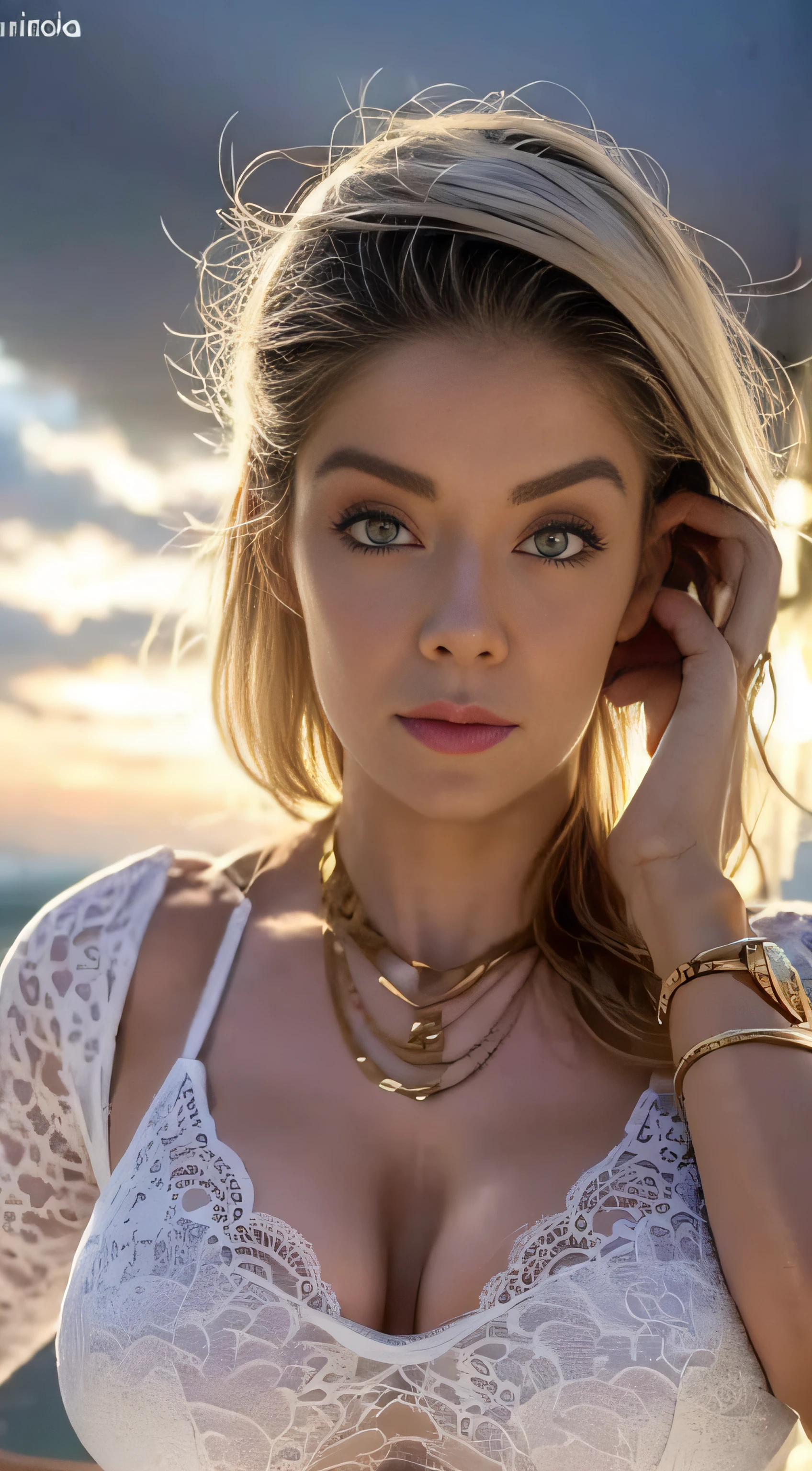 (retrato), Mulher de 40 anos, pose sensual, delicate and harmonious features on his face, olhos expressivos e brilhantes, (pupilas detalhadas: 1.2), Longas, curved eyelashes, olhos azuis vibrantes voltados para o expectador, , Elegant and symmetrical tapered nose, cheio, well-defined lips with a naturally graceful shape, estrutura facial equilibrada, cheekbones slightly highlighted, Jovial appearance, delicate jaw creating a soft, linha definida ao Longaso da face, detalhes intrincados, pele texturizada, pele detalhada, poros da pele, Sister, cabelos loiros brancos, Cabelos Longos, olhar sexy, Power Girl derramando, ((see through)), ((muito transparente)), Pose provocativa, lascivo, sensual, provocador, suada, anatomicamente perfeita, dedos perfeitos, seios firmes, Visible, 32k, hiper realismo, (fotorrealista:1.37), extremamente detalhado, Hiper realista, studiolight, volumetric light, profundidade de campo, beach scenery , anoitecer, por do sol, pele brilhante
