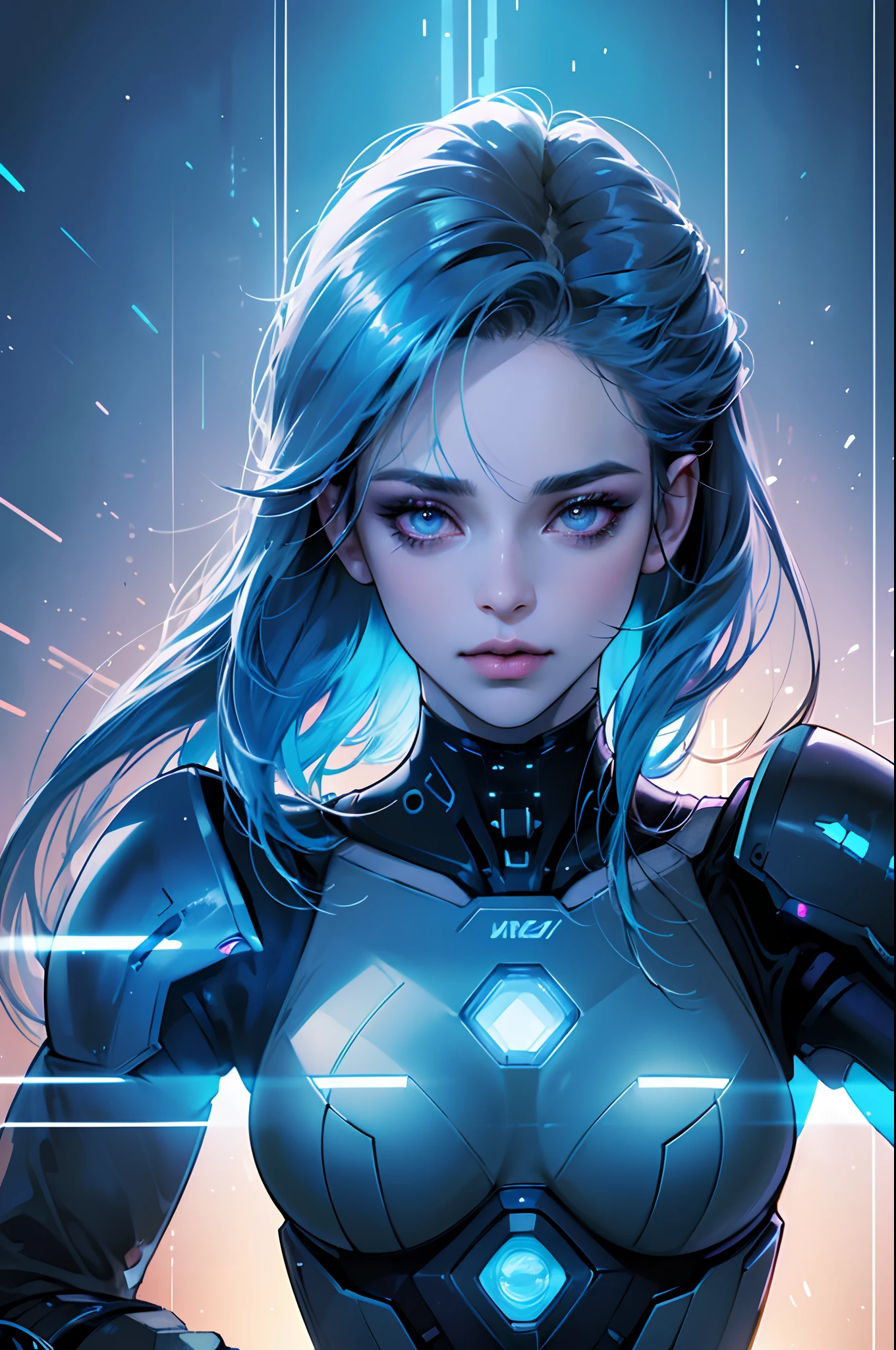 (Best quality,highres:1.2), ultra-detailed, (realistic:1.3), cyberpunk, futuristic, portrait, shiny revealing latex outfit, cyber implants, virtual reality, glowing makeup, metallic body parts, body modification, techno atmosphere, cityscape background, hovering robotic arms, advanced technology, electric blue color palette, surreal lighting.