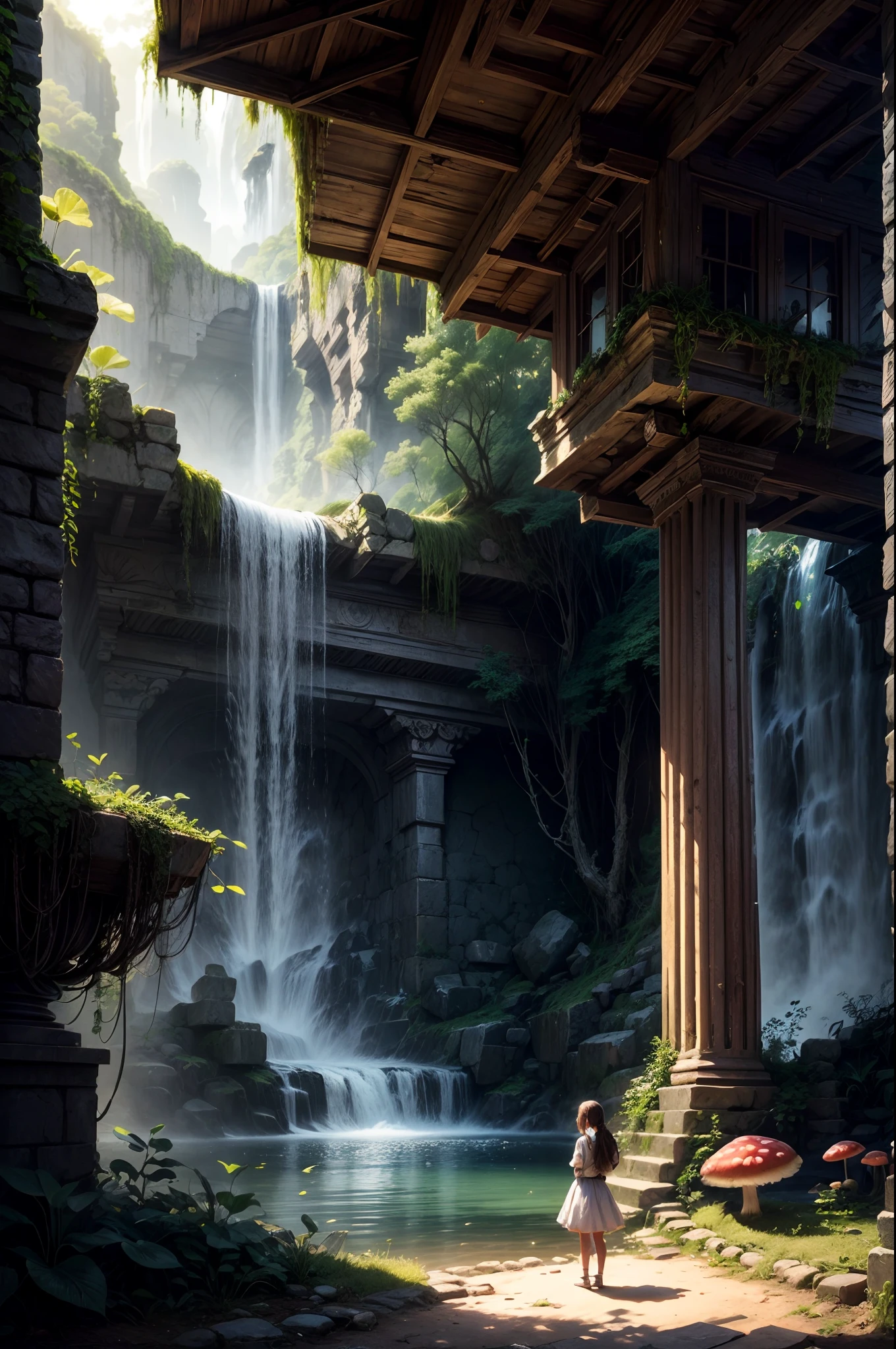 "Mysterious ruins, closeup girl's adventure, waterfall's secret, glowing mushrooms, enchanting mystique, rule of thirds composition"