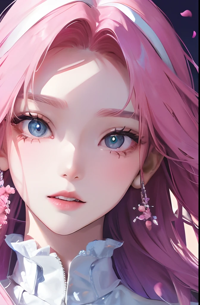 8K, masutepiece, Best Quality, Night, fullmoon, 1 girl, Korean style, Mature Woman, Sister, Woman with long pink hair, Long hair, Light pink lips, Calm, logical, Bangs, gray pupils, Wearing pink flowers on the head, flowers background, Petal dance, Delicate face, close up, Face Zoom, Detailed face, Detailed eyes, Looking at Viewer, close to viewer