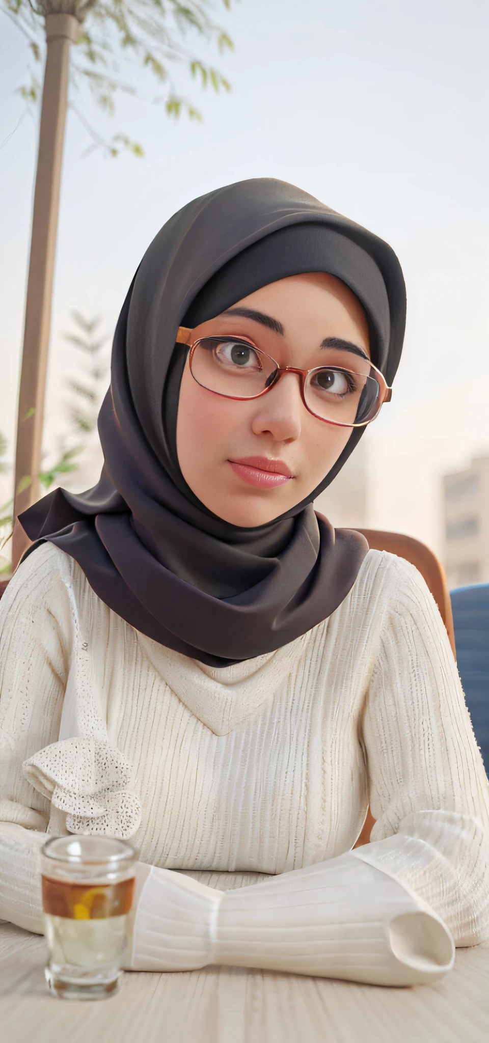 young woman wearing glasses and a scarf sitting at a table, a picture inspired by Shaddy Safadi, instagram, hijab, with glasses, student, with accurate face, with square glasses, protrait, picture, close up potrait, solo