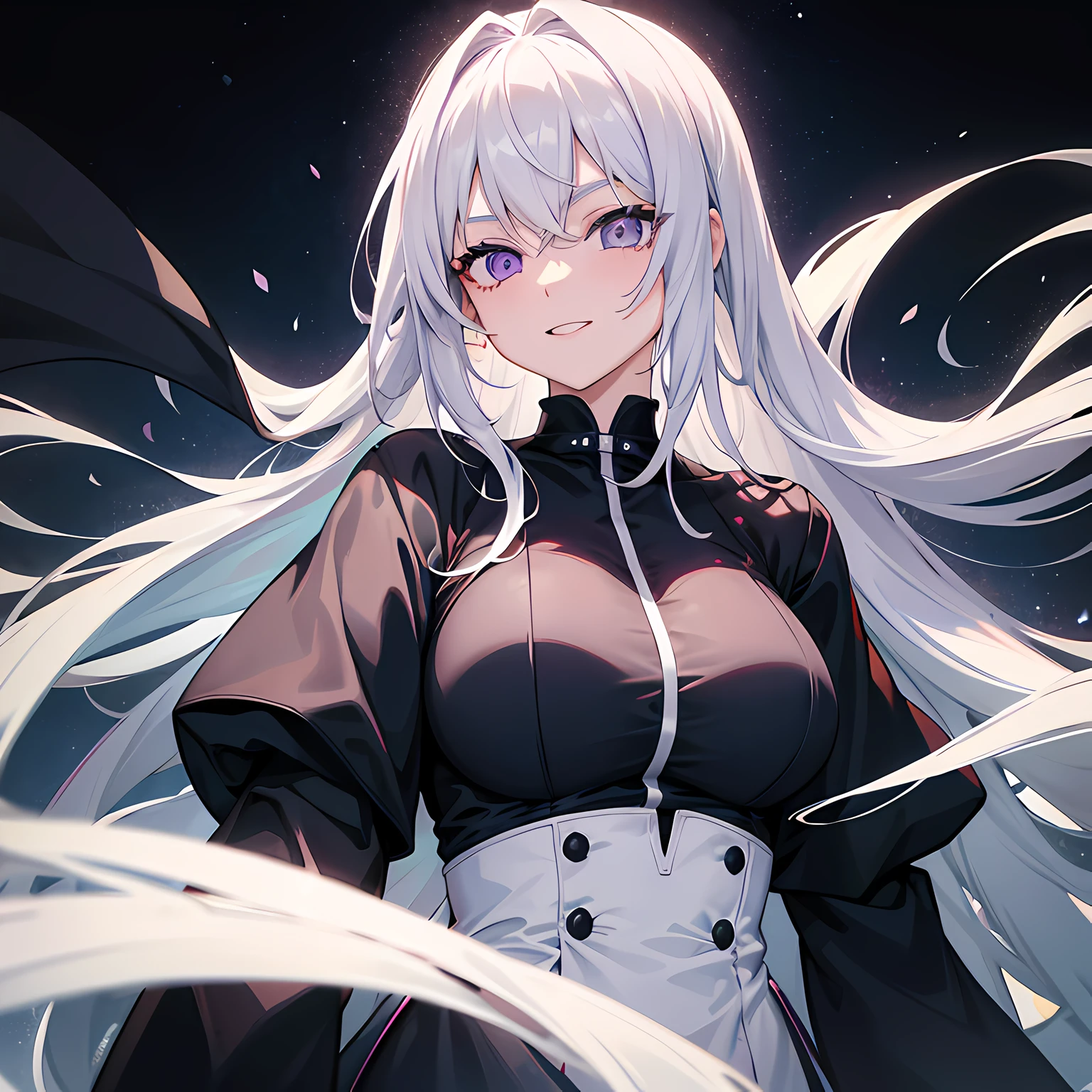 1girl, long white hair, violet eyes, wearing an oversized black shirt, happy, upper body shot, absurdres, high res, ultrasharp, 8k, masterpiece