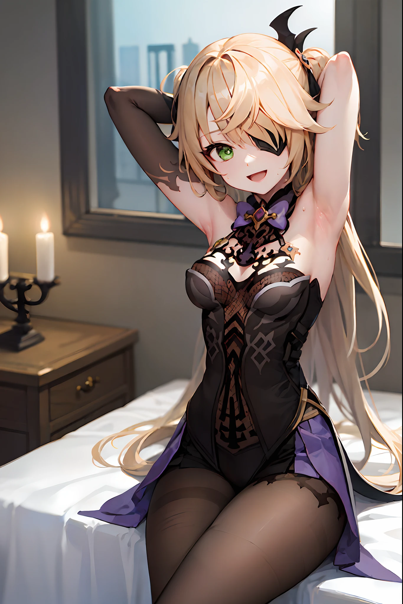 (Realistic painting style:1.1), masterpiece, best quality, absurdres, fischl (dunkelnacht sakrament) (genshin impact), green eyes, white pupils, fischl (genshin impact), asymmetrical sleeves, detached collar, detached sleeves, 1girl, blonde hair, thighhighs, eyepatch, crow, long hair, sitting, smile, flower, open mouth, candle, two side up, solo, crossed legs, rose, looking at viewer, bow, purple bow, black thighhighs, dress, hair over one eye, bare shoulders, bodystocking, breasts, bangs, purple bowtie, black gloves, window, bowtie, :d, single leg pantyhose, hair ribbon, single thighhigh, ribbon, red flower, indoors, night, arms up, hands behind head, armpits, sweat, sweaty armpits