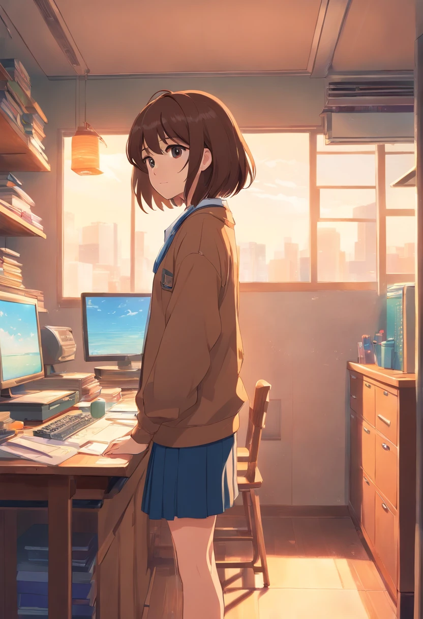 Brown hair, Bangs, student clothes,Bob Hair, background at room
