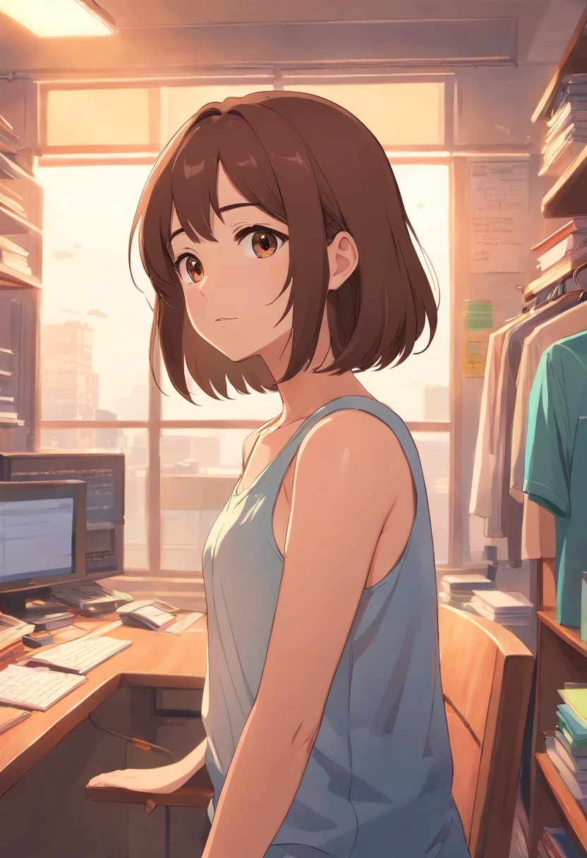 Brown hair, Bangs, student clothes,Bob Hair, background at room